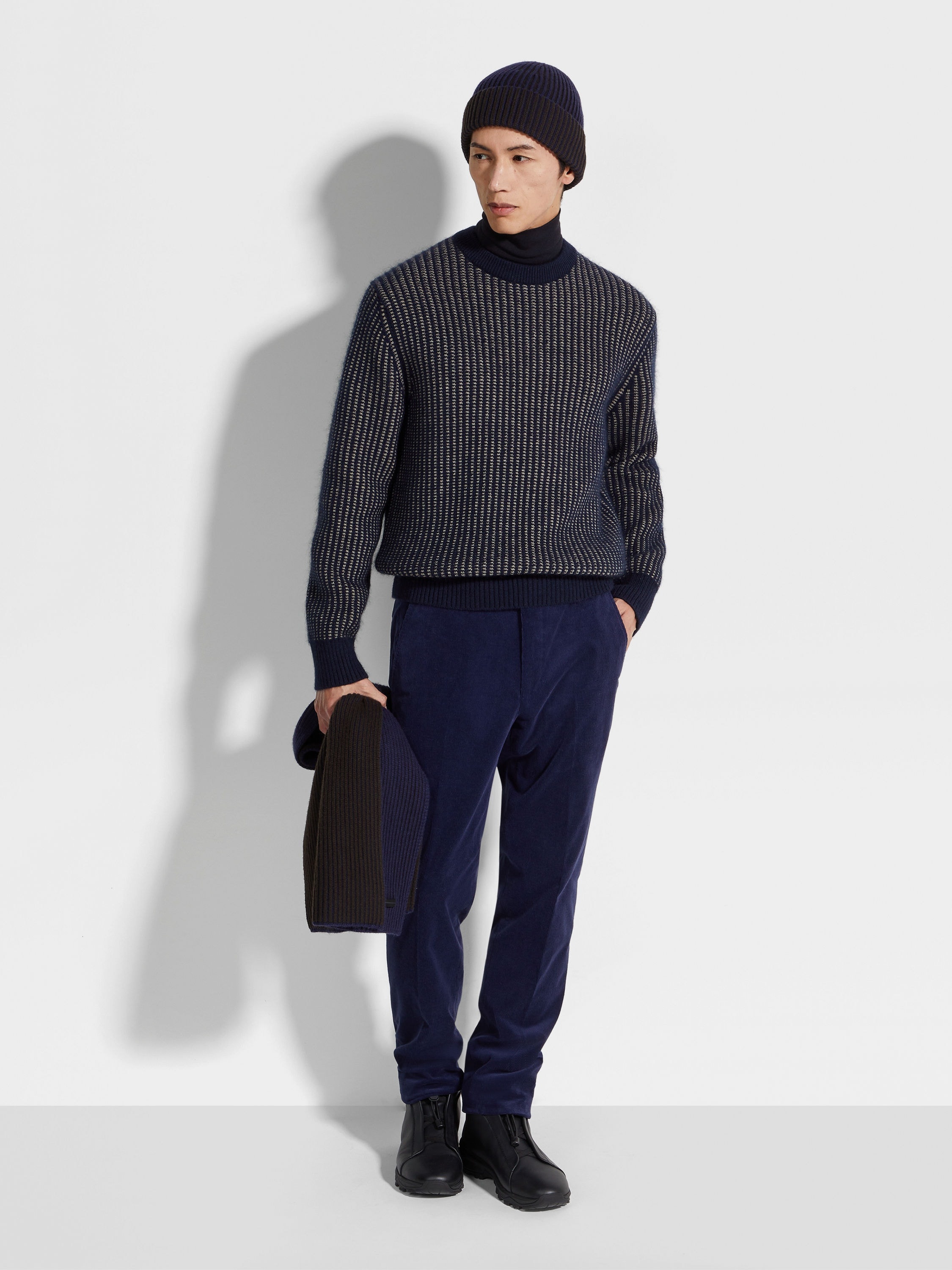 INK BLUE AND LIGHT TAUPE CASHMERE MOHAIR AND SILK CREWNECK - 3