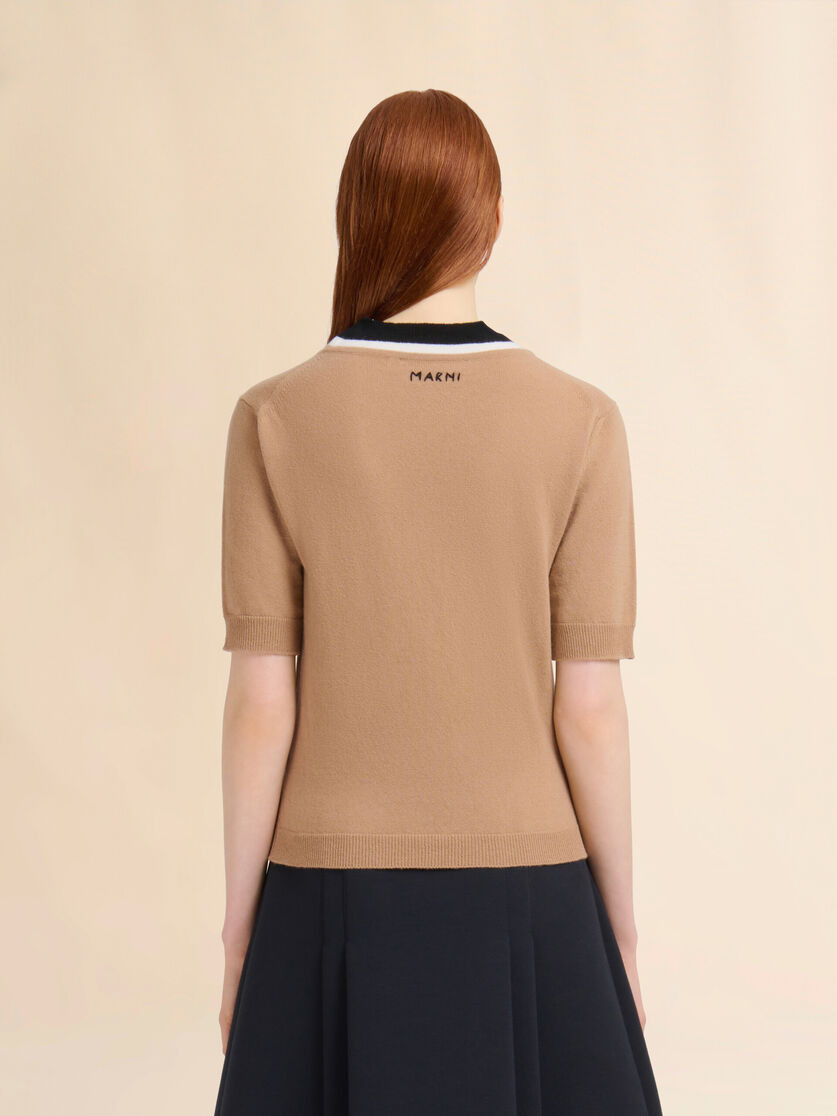 BROWN WOOL SWEATER WITH BICOLOUR NECK - 3