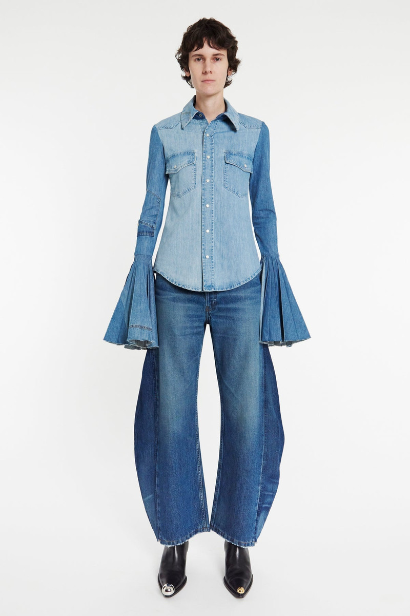 RECYCLED DENIM SHIRT WITH PLEATED BELL SLEEVES BLUE 1