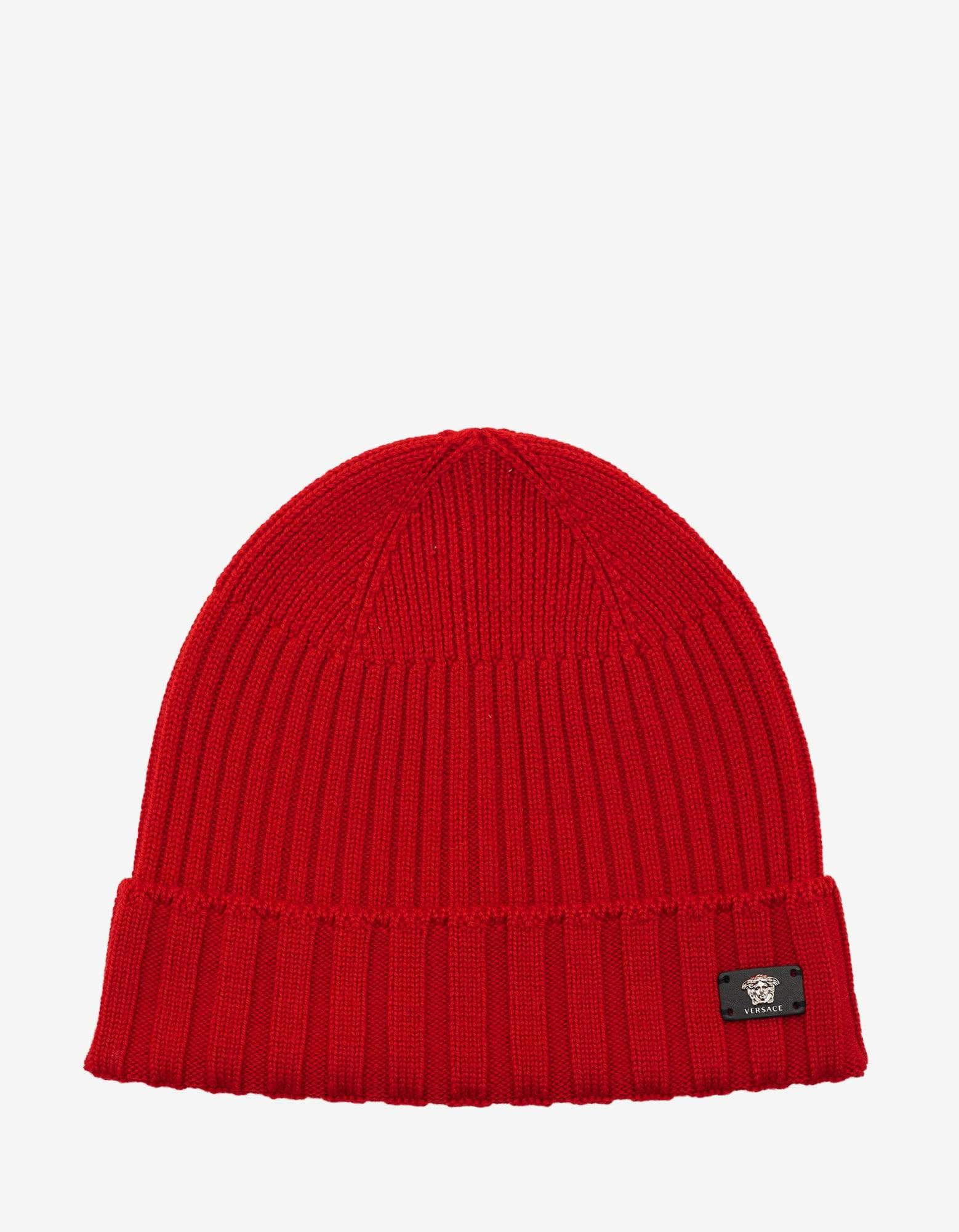 Versace Red Ribbed Wool Beanie Hat - 1