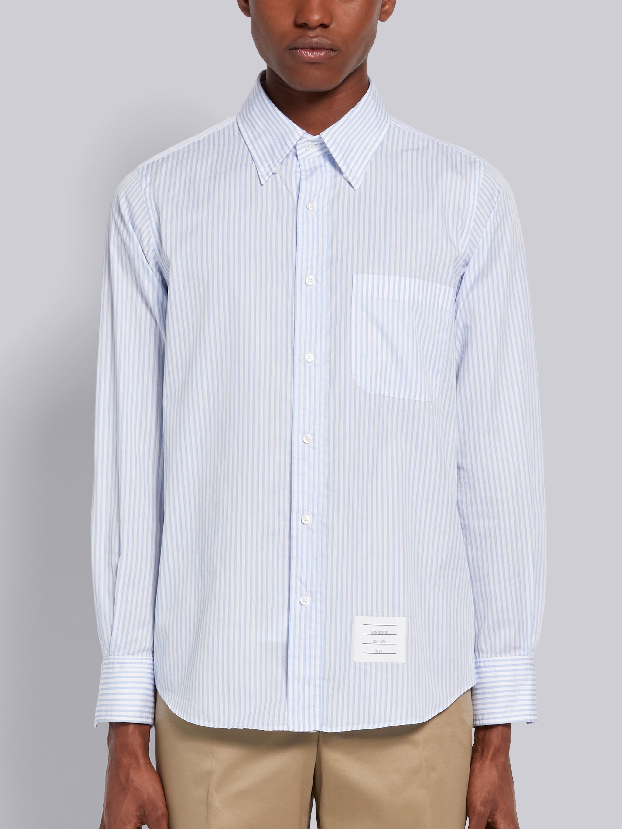 Light Blue Pinstripe Cotton Poplin Straight Fit Long Sleeve Shirt - 3