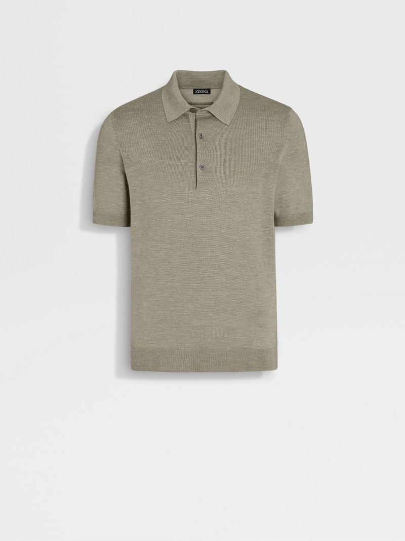 OLIVE GREEN MÉLANGE SILK CASHMERE AND LINEN POLO SHIRT 1