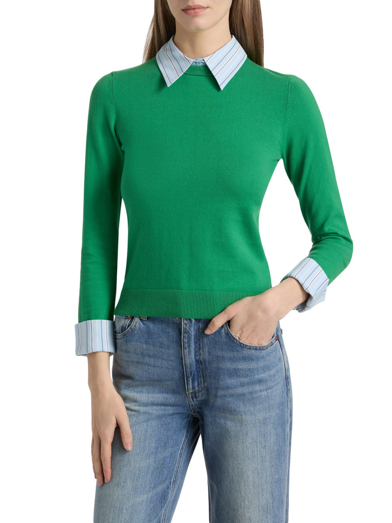 Women's Porla Mixed-Media Collared Sweater - Green Apple Carolina Blue 3