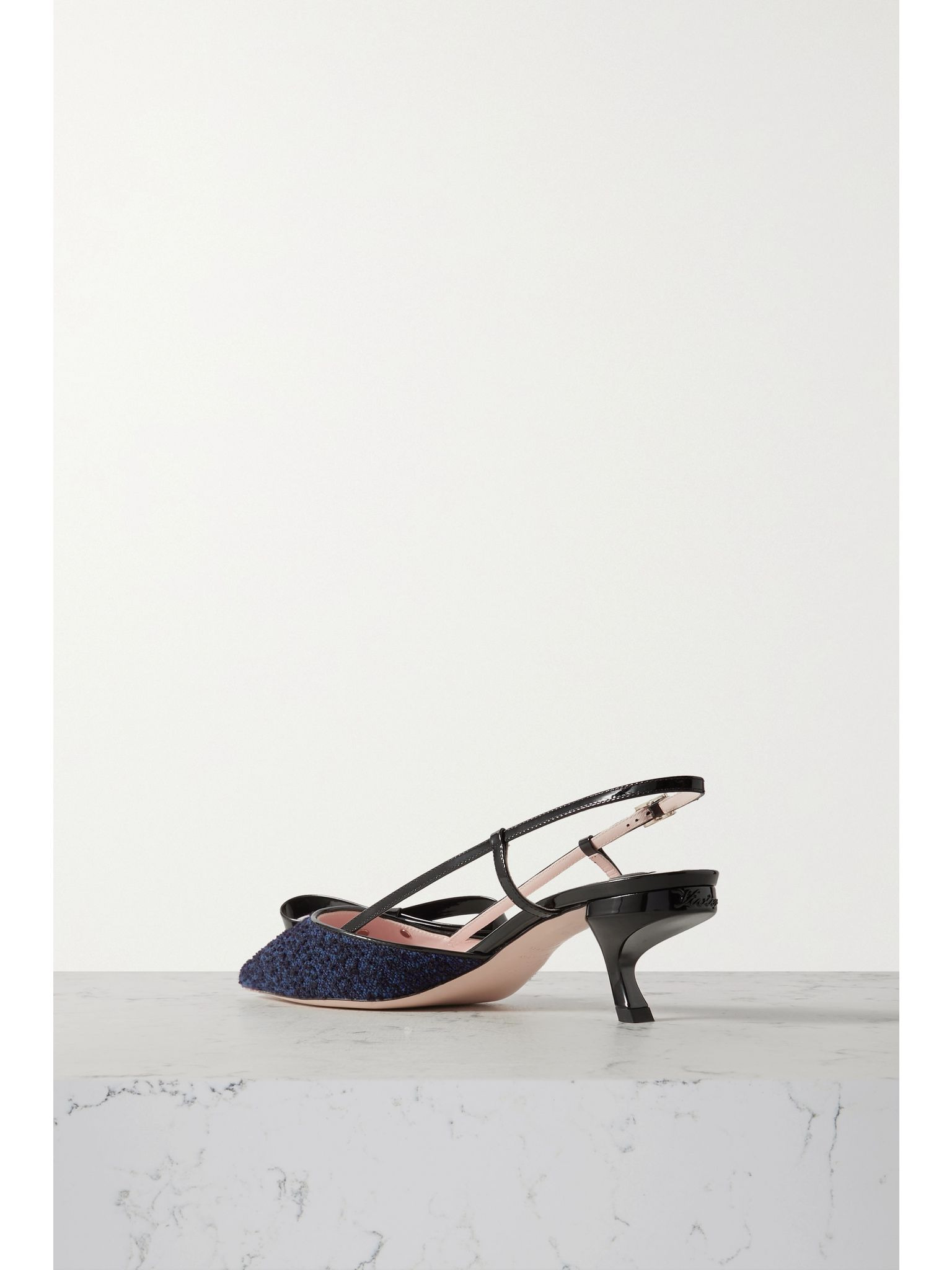 Virgule 55 patent-leather and bouclé-tweed slingback pumps Navy - 3