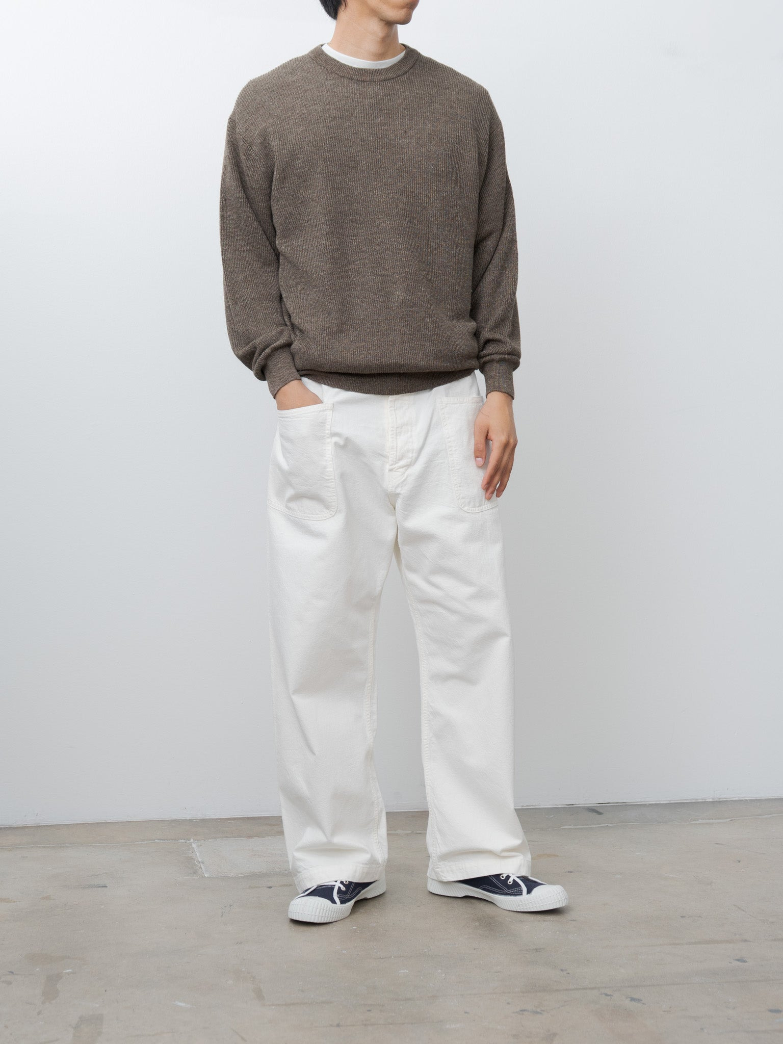 Linen/Cotton Ribstitch Crewneck Knit - Brown - 2