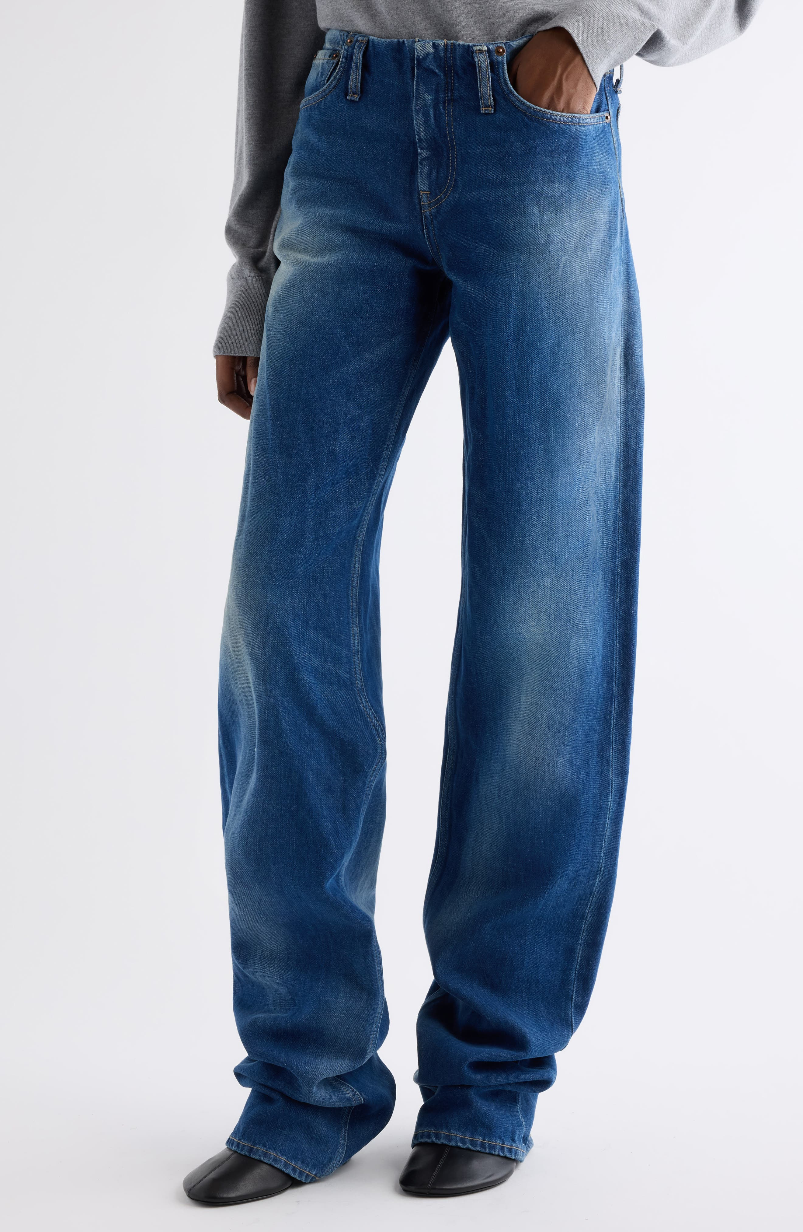 Acne Studios Puga No Waistband Denim Jeans in Mid Blue at Nordstrom - 5