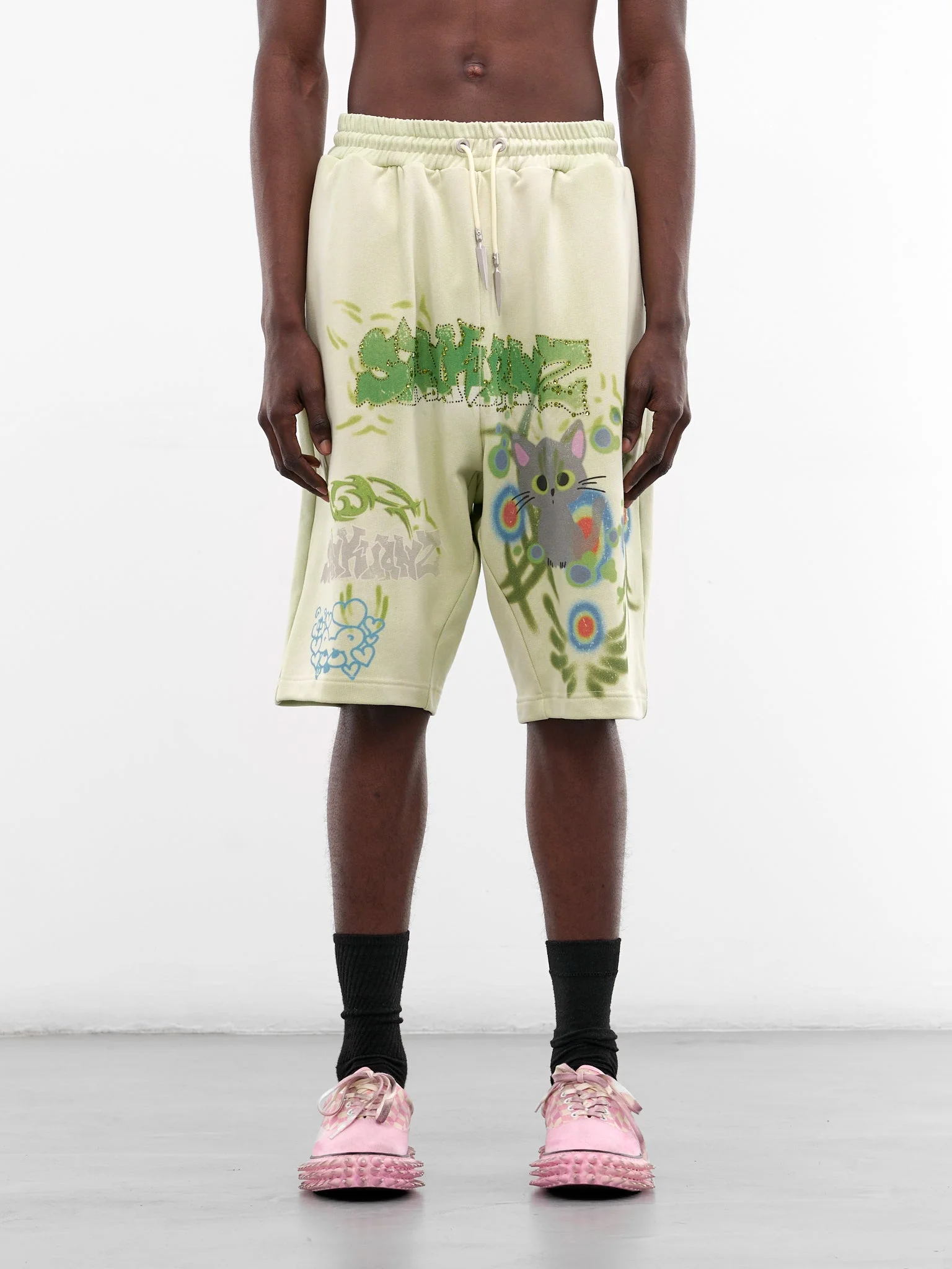 Green Graffiti Drop Crotch Shorts - 1