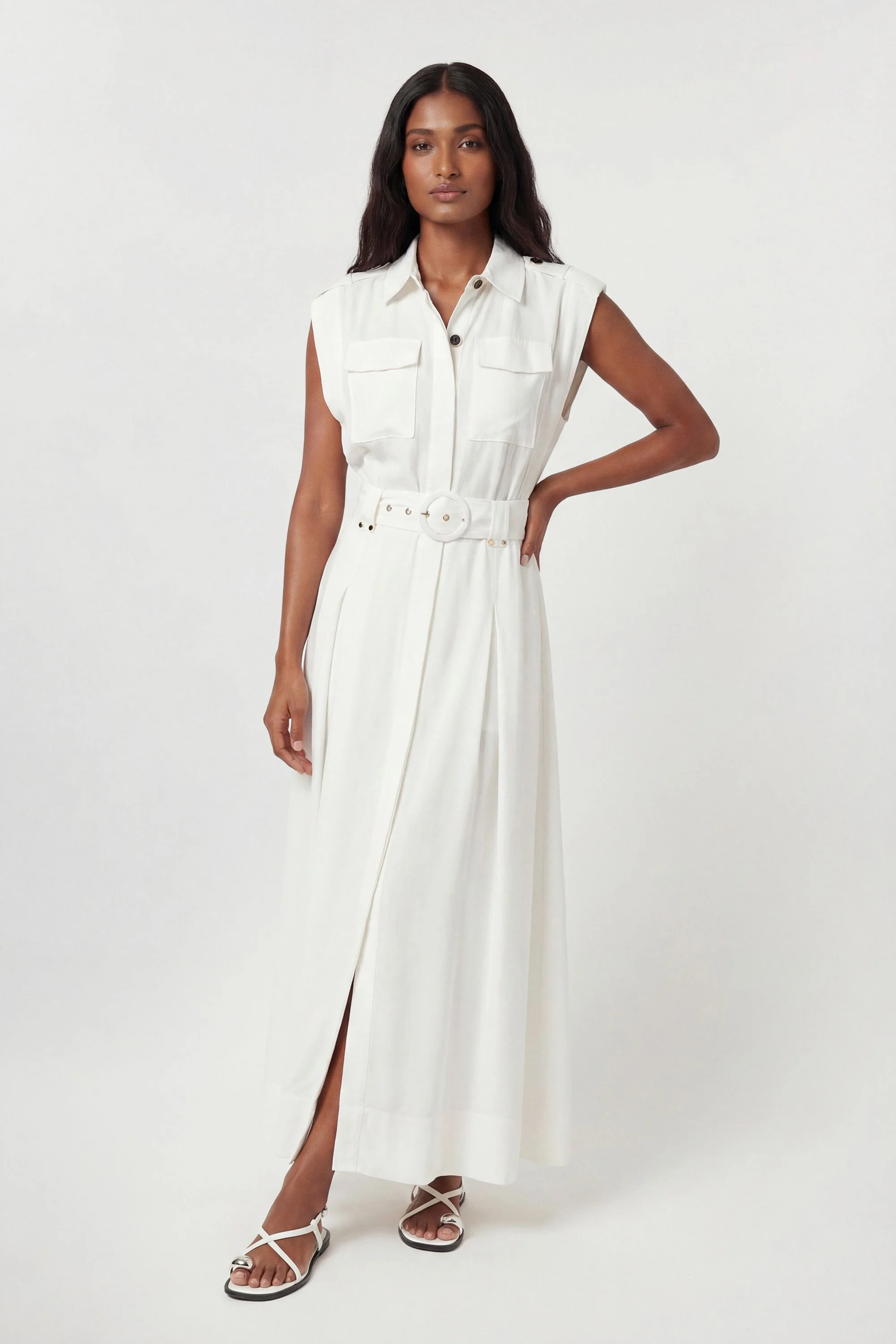 Premium Viscose Linen Belted Woven Maxi Dress With Gold Hardware Detail - 1