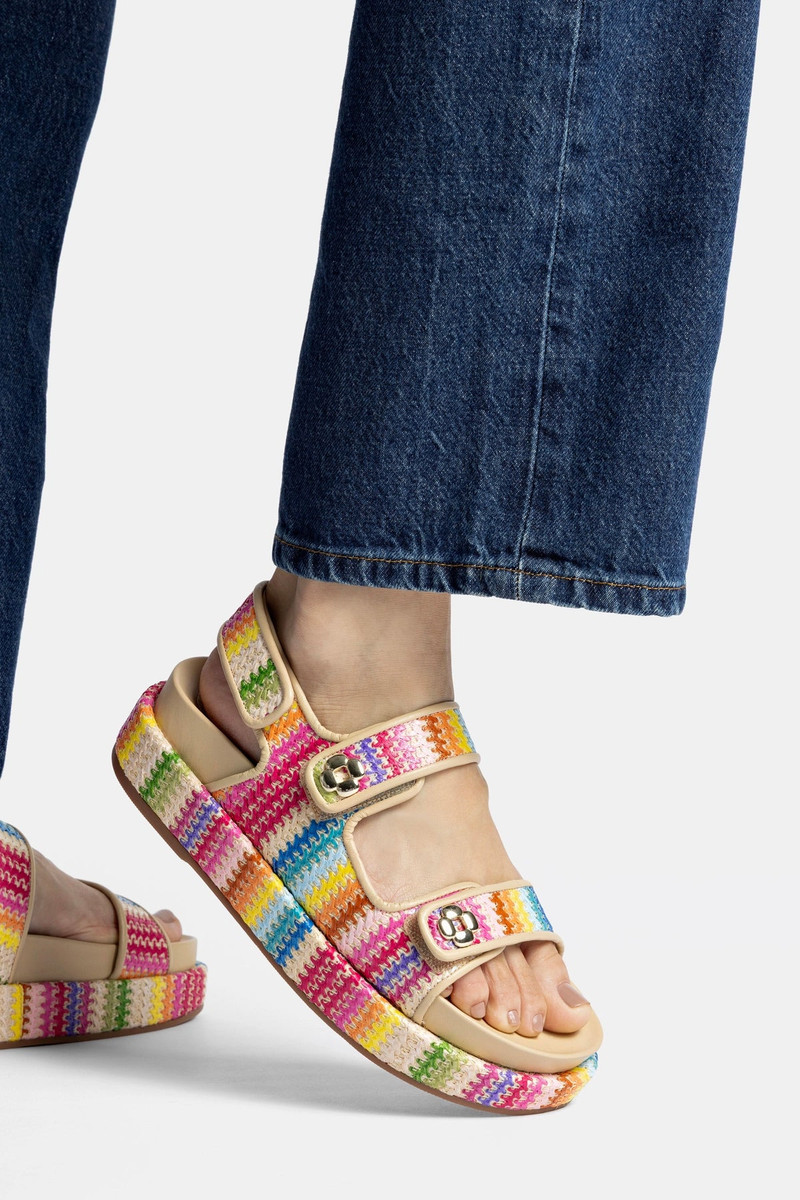 Larroudé Jetty Sandal In Pink Raffia Lace and Beige Leather outlook