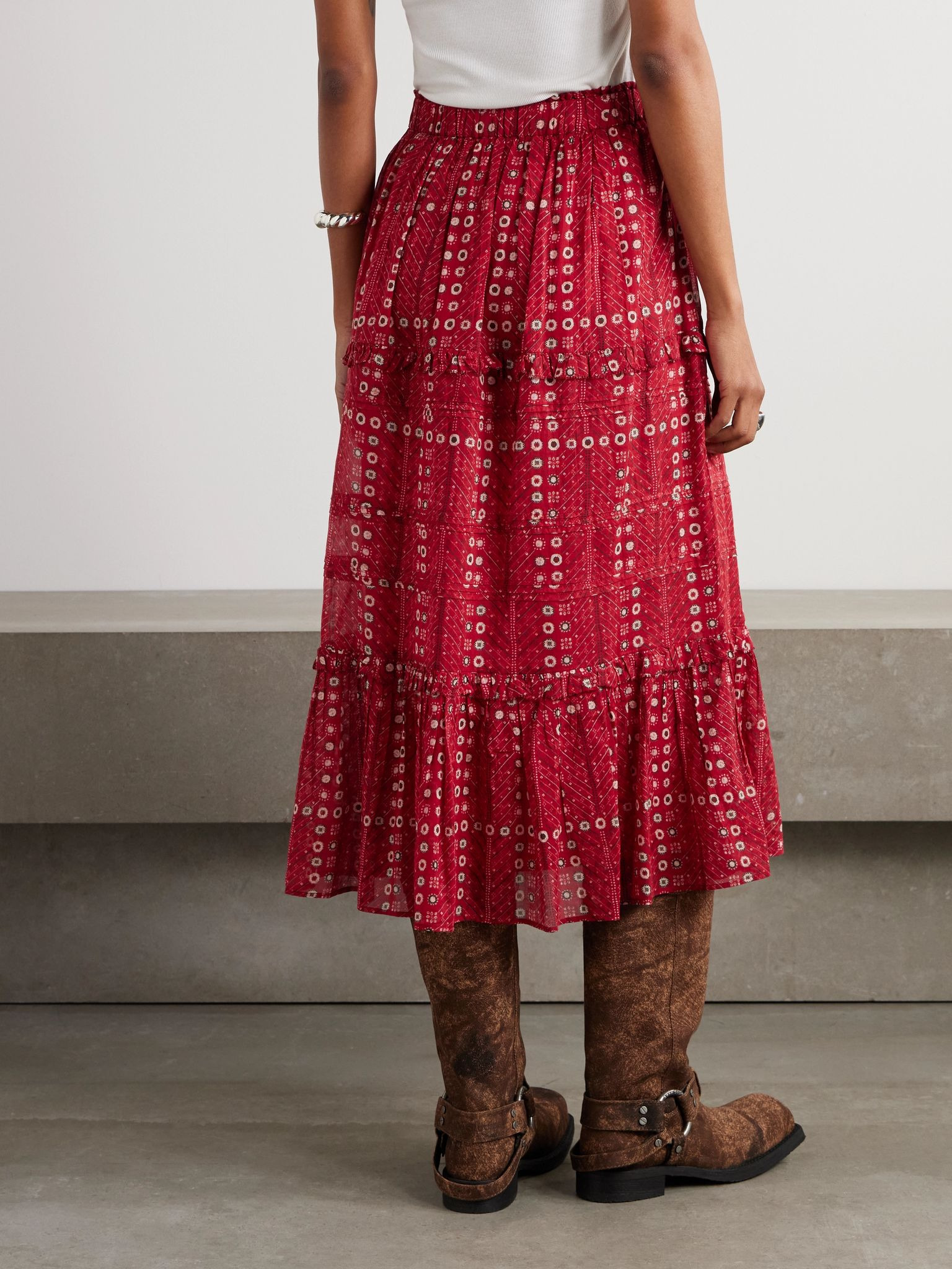 Diya tiered printed cotton-voile midi skirt Red - 4