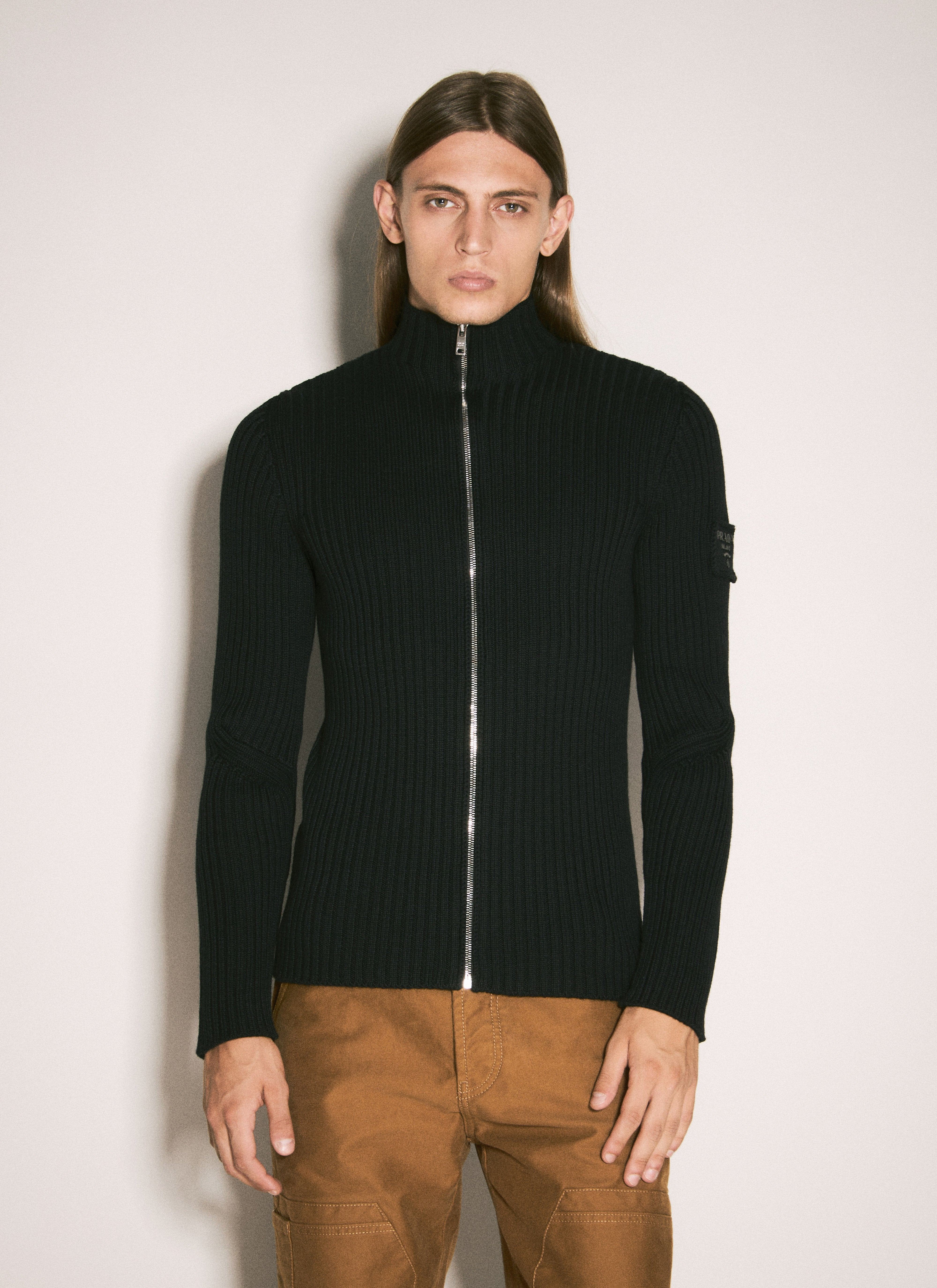 Prada Men Ribbed Wool Zip-Up Cardigan - 1