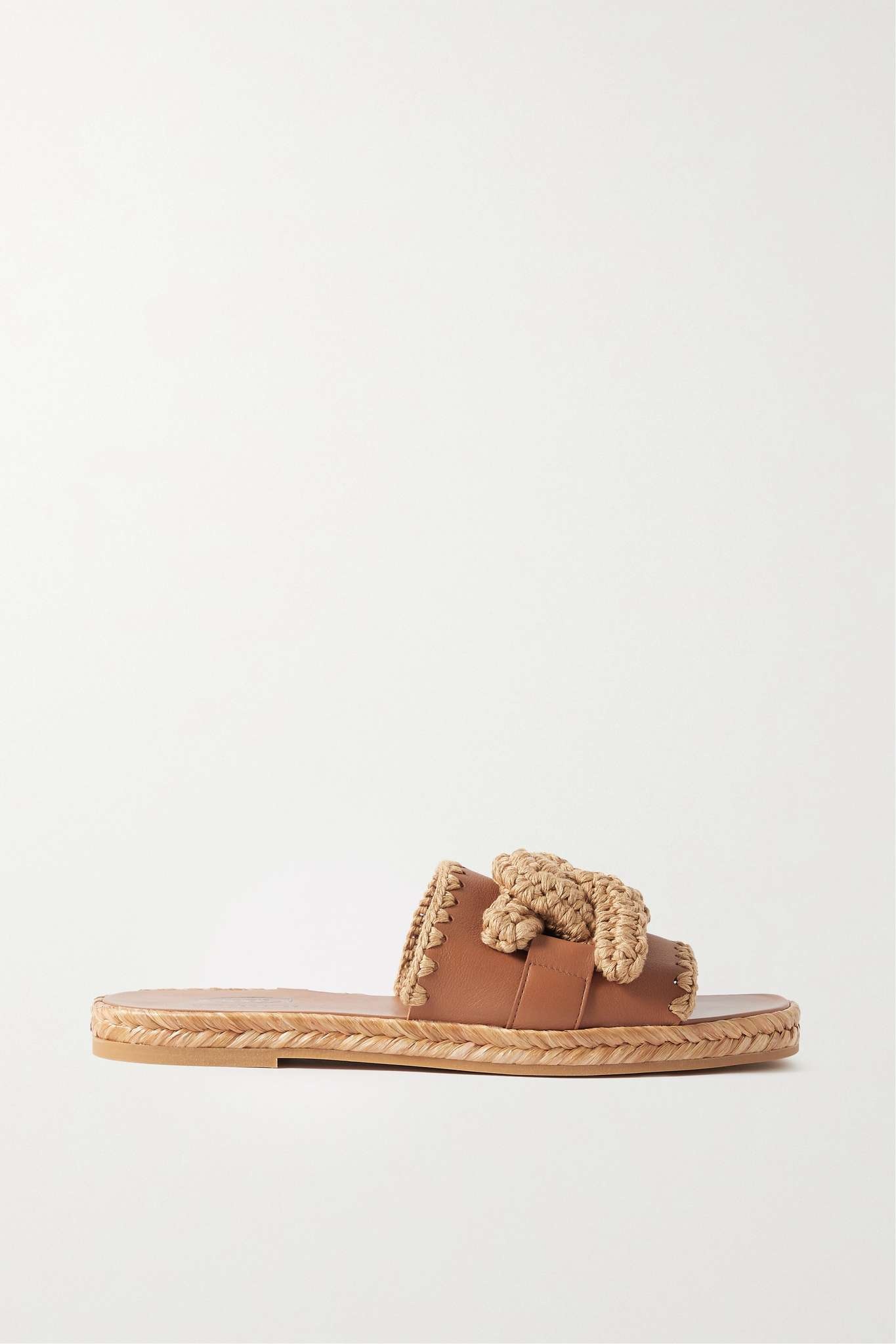 Kate whipstitched raffia-trimmed leather slides - 1