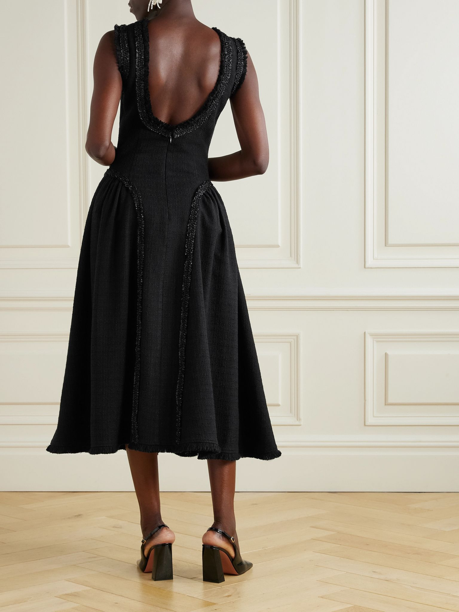 Open-back metallic-trimmed bouclé-tweed midi dress Black - 3