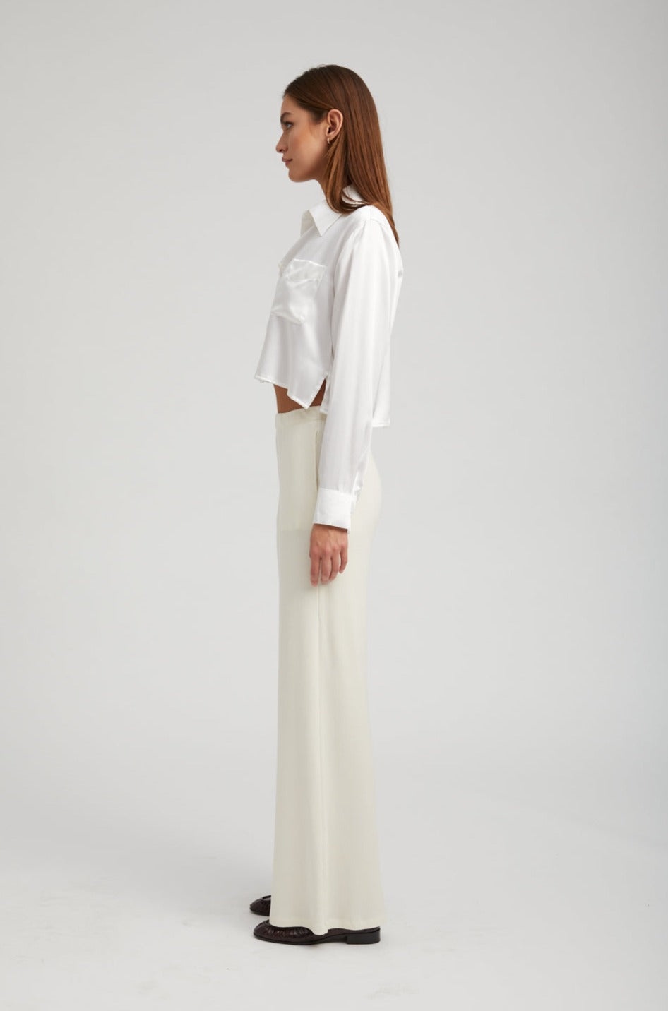 WHITE SILK CROPPED BUTTON DOWN - 2
