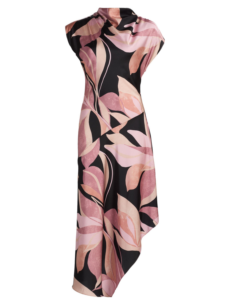 Women's Sally Asymmetric Satin Midi-Dress - Moody Abstract Floral Stn 1