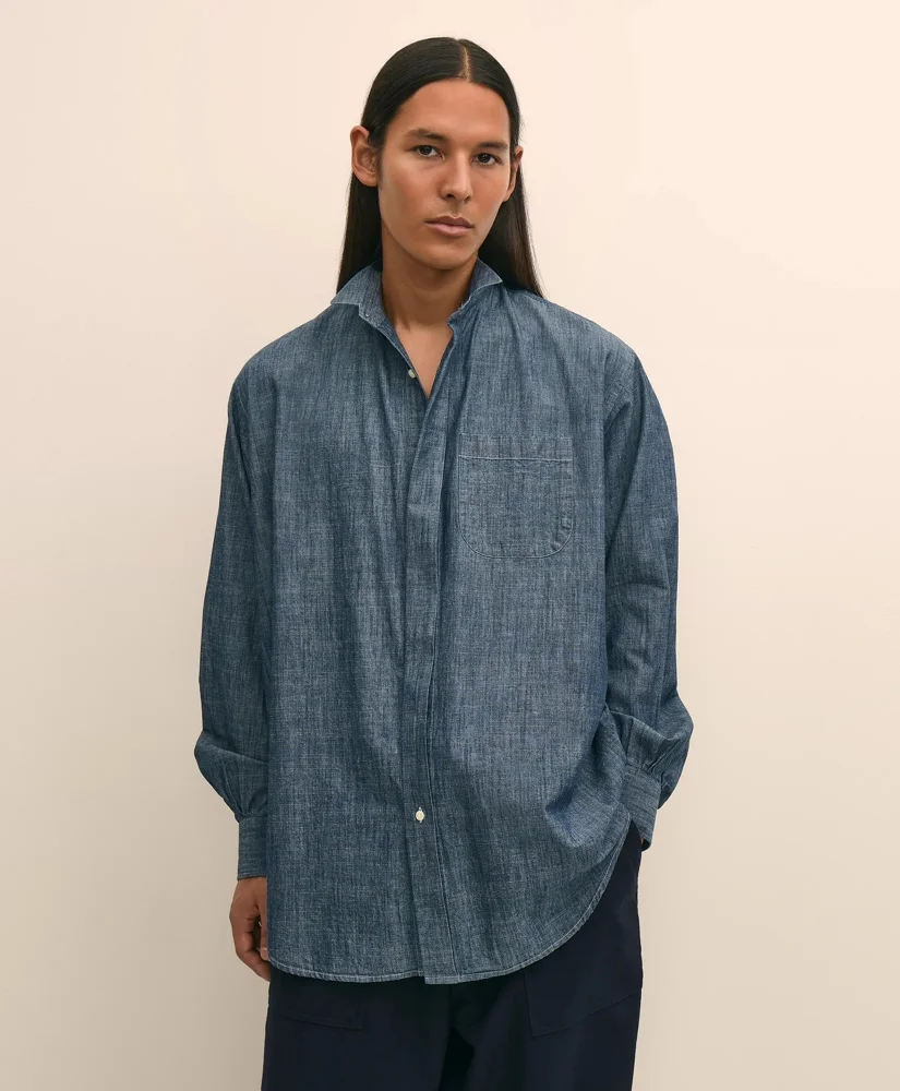 Brooks Brothers X Engineered Garments Cotton Chambray Wing Collar Oversized Dress Shirt - 1