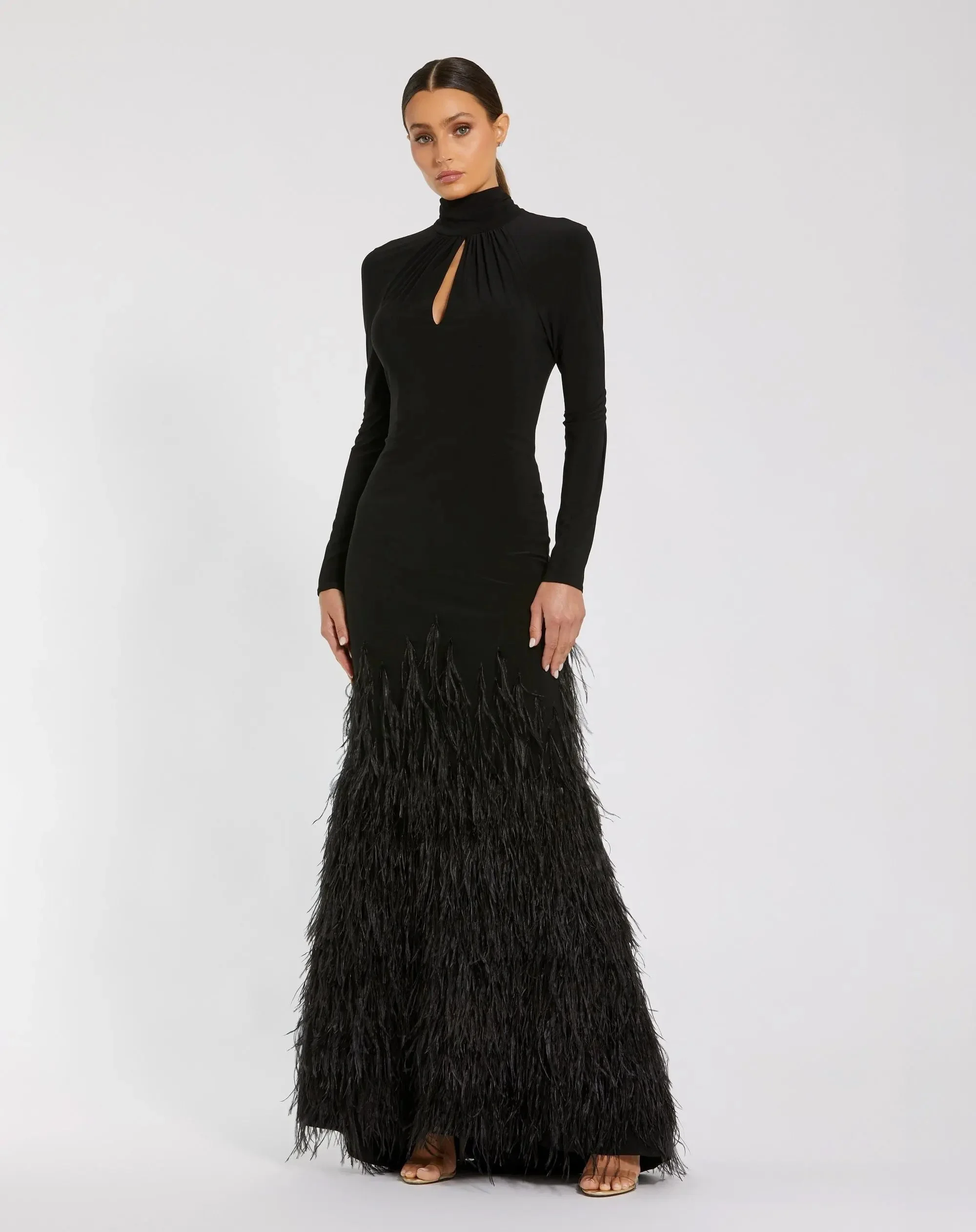 Black Long Sleeve High Neck Feather Trim Gown - 1