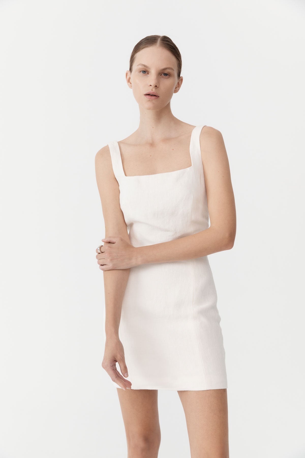 Linen Square Neck Mini Dress - Ivory - 3