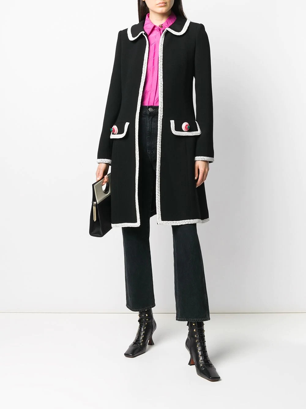 contrasting-trim mid-length coat - 2