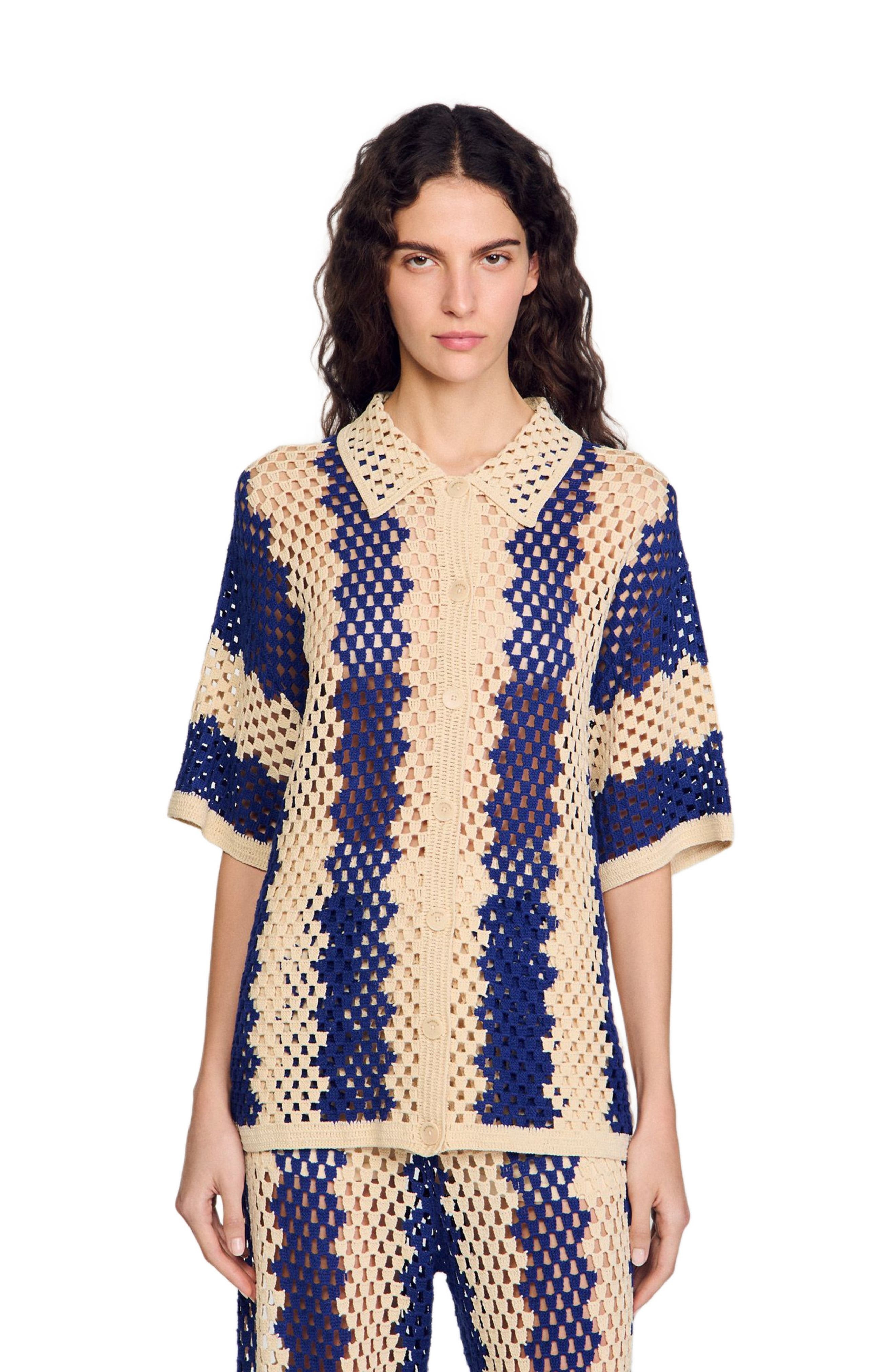 SANDRO Two-tone knit cardigan in Blue /Ecru at Nordstrom - 3