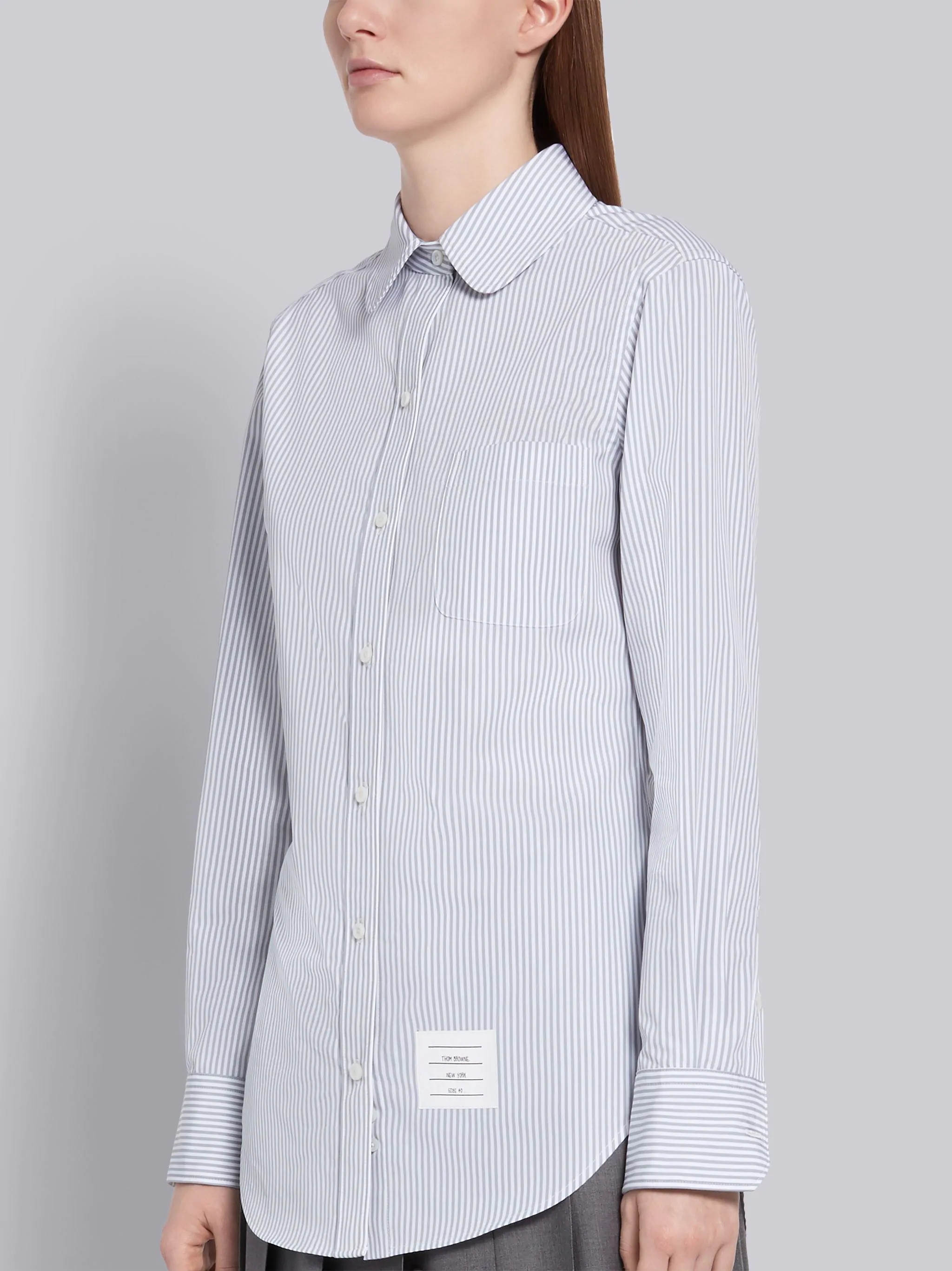 Medium Grey Cotton Poplin University Stripe Long Sleeve Round Collar Shirt - 2