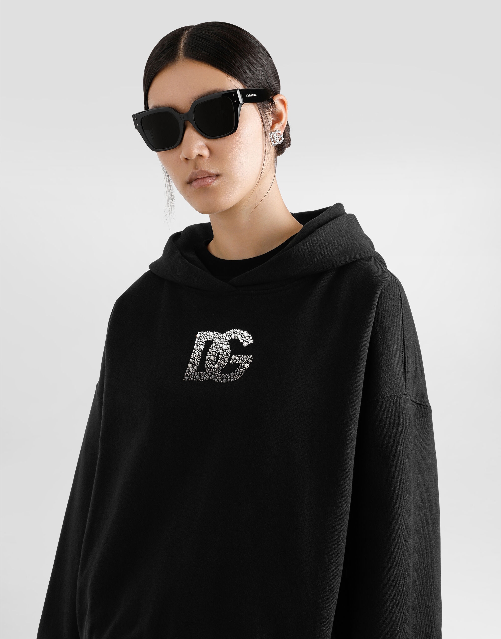 Jersey hoodie with rhinestone-detailed DG embellishment - 4