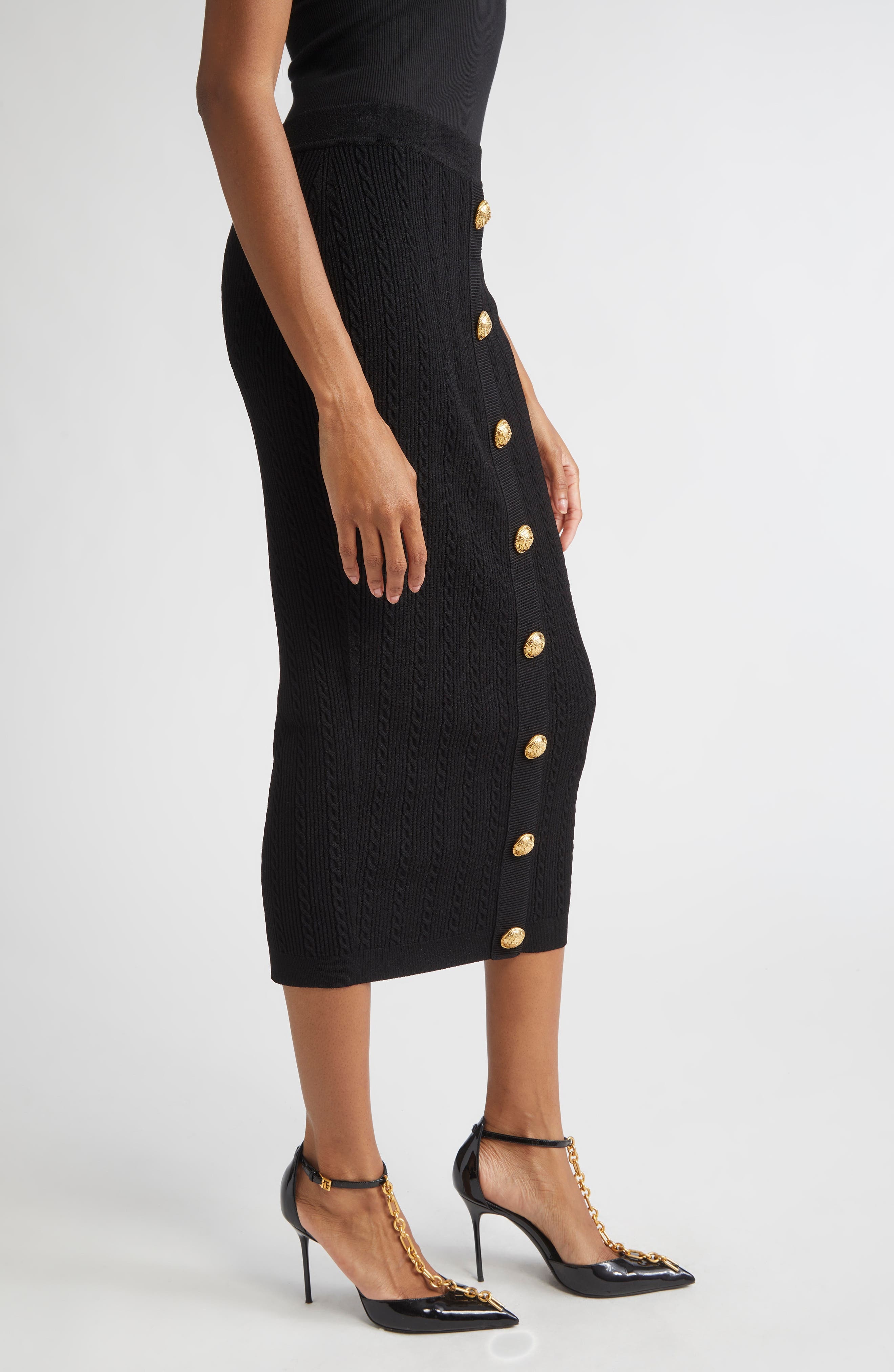 Balmain Torsade Button Detail Rib Cable Knit Midi Skirt in 0Pa Black at Nordstrom - 4