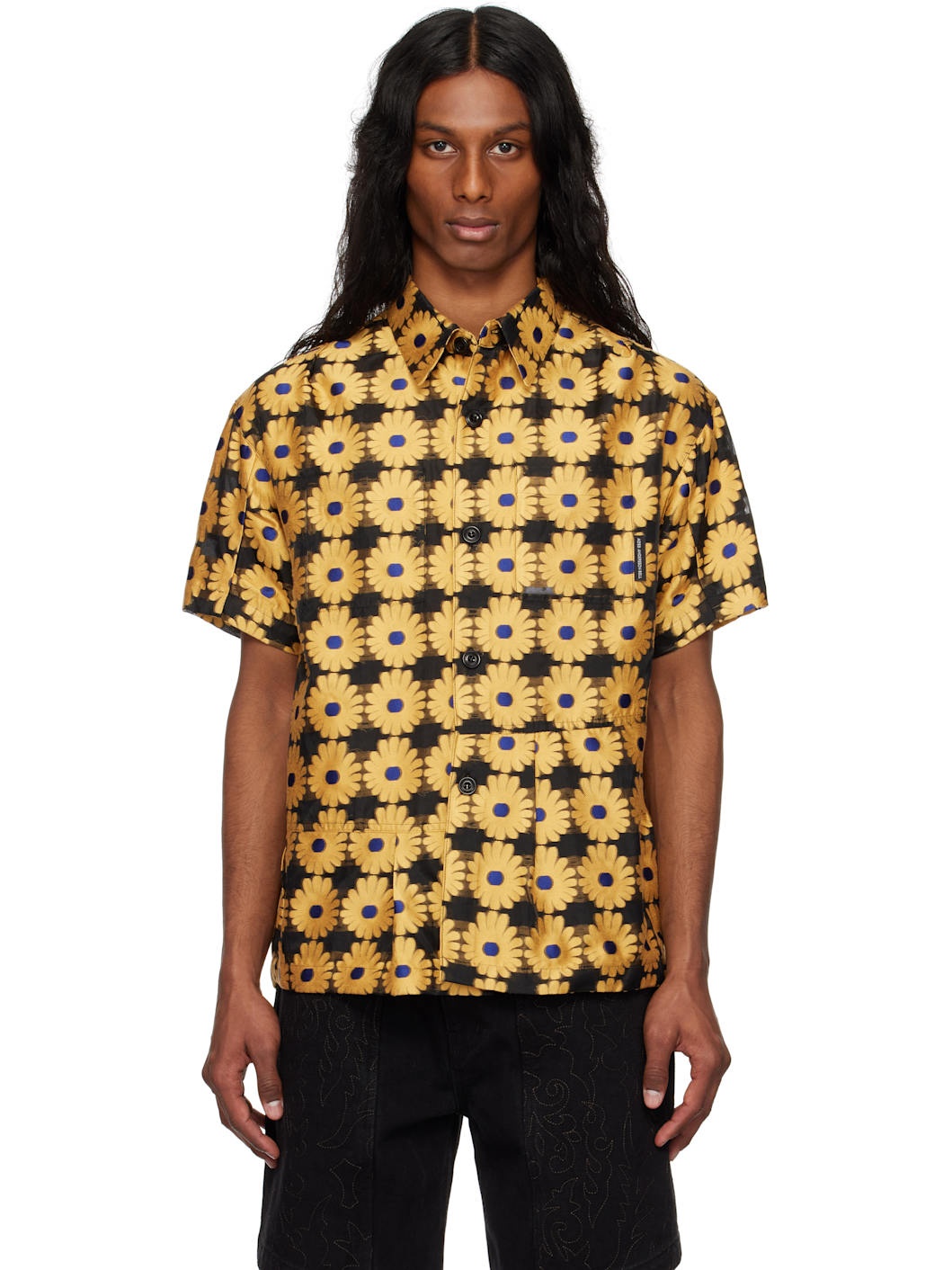 Yellow & Black Sheer Flower Shirt - 1