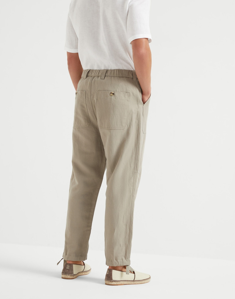 Brunello Cucinelli Linen and cotton drill relaxed fit trousers with patch pockets and drawstring outlook