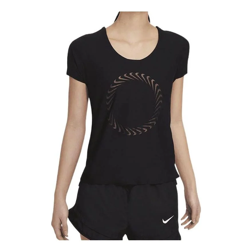 (WMNS) Nike Round Neck Casual Solid Color Logo Running Sports Quick Dry Short Sleeve Black T-Shirt C - 1