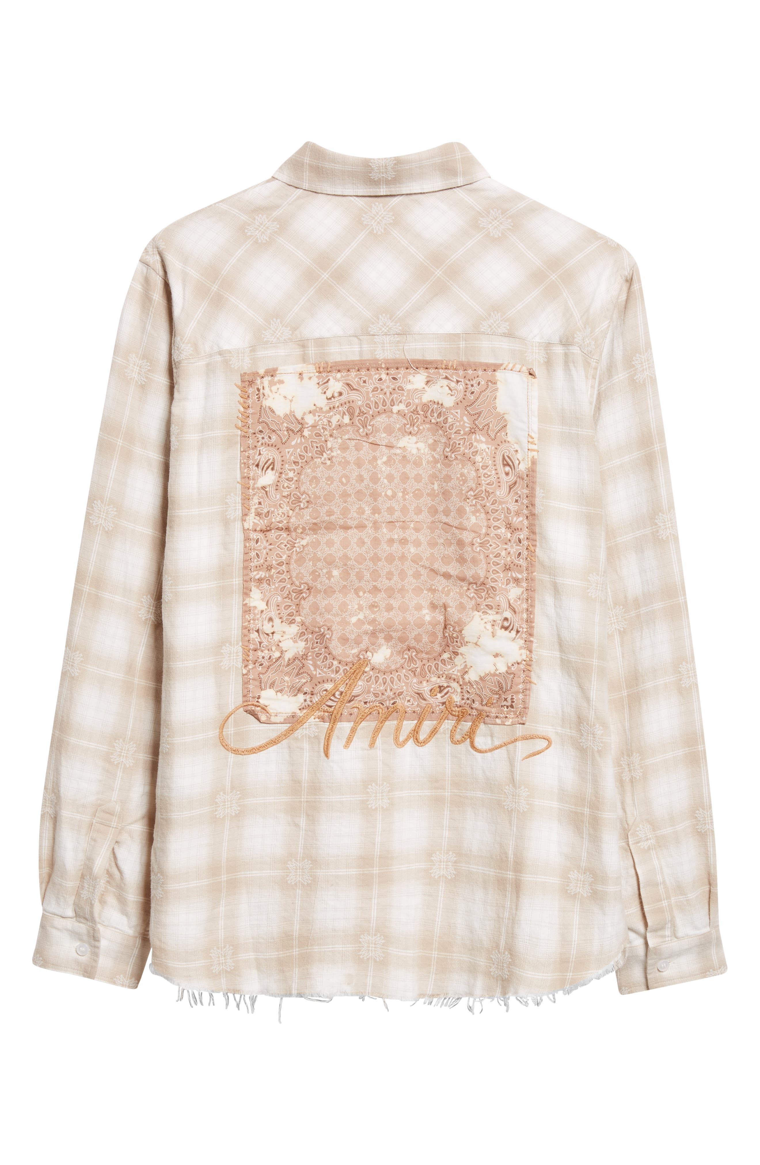 AMIRI Bleach Bandana Patch Flannel Button-Up Shirt in Light Camel at Nordstrom - 7