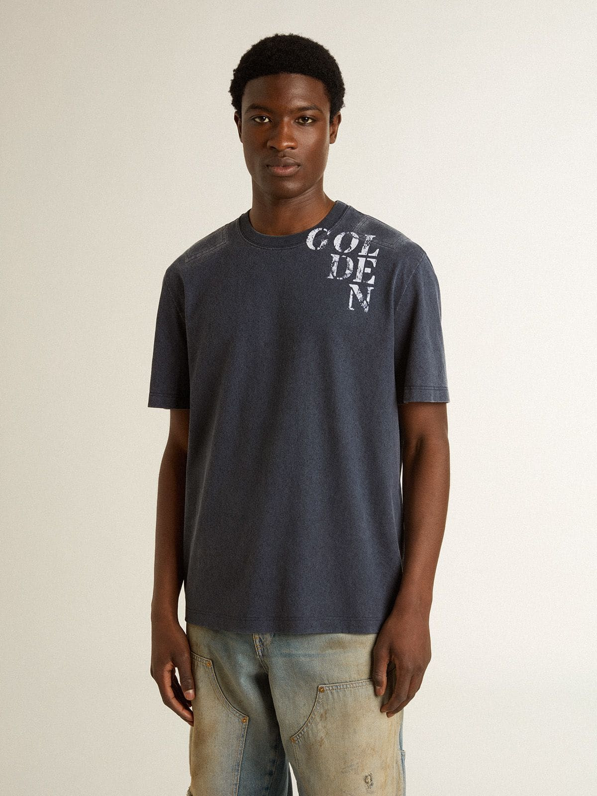 Men's blue T-shirt with white print - 2