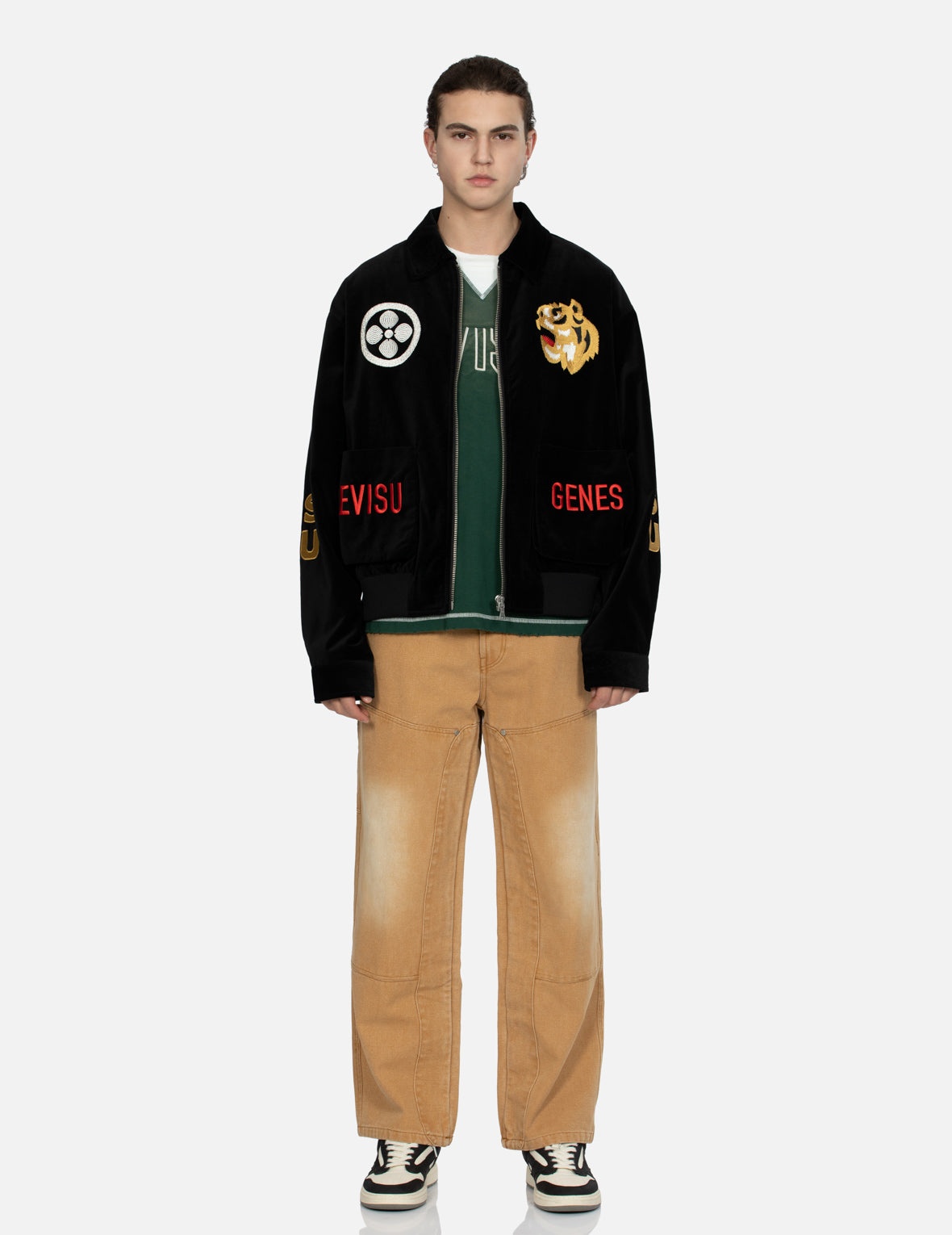 TIGER AND LOGO EMBROIDERY OVERSIZED VELVET BOMBER JACKET - 6