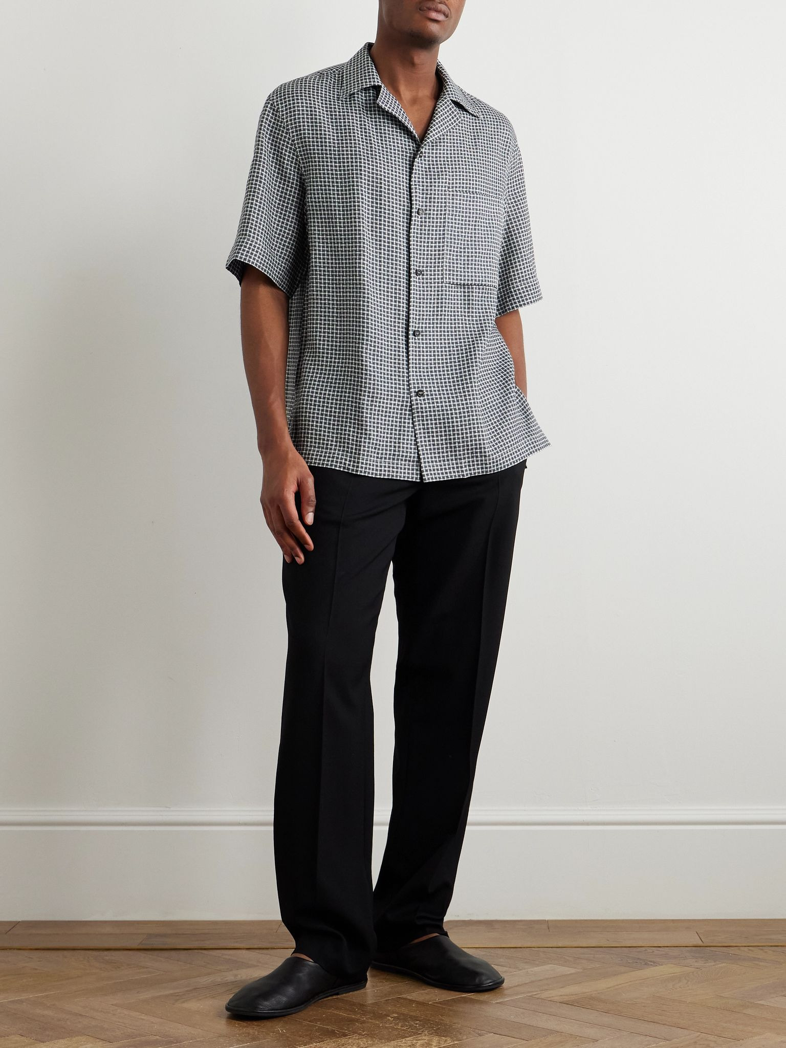 Federico Camp-Collar Checked Linen Shirt Midnight blue - 2