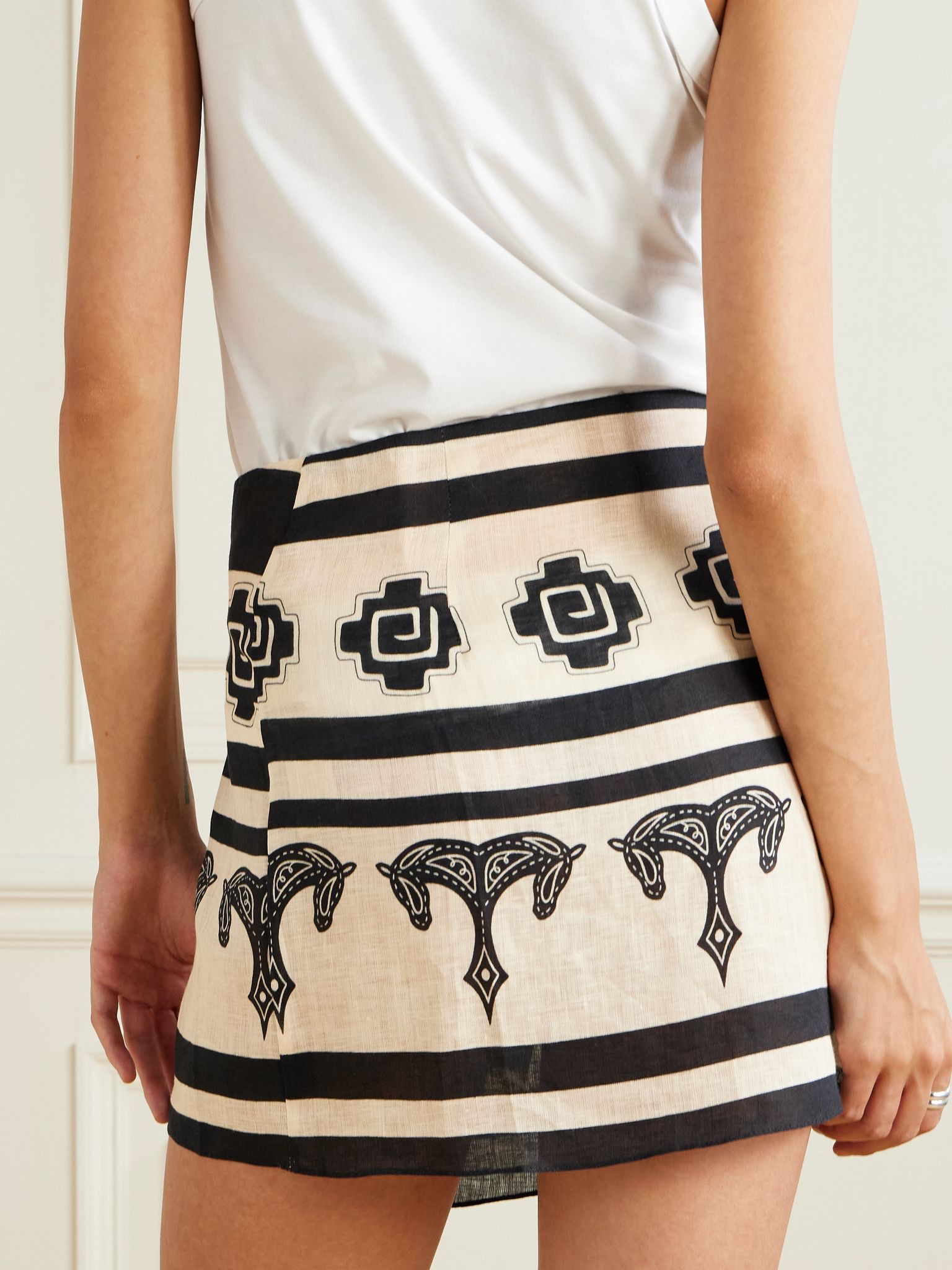 Roots wrap-effect printed linen mini skirt Ecru - 4