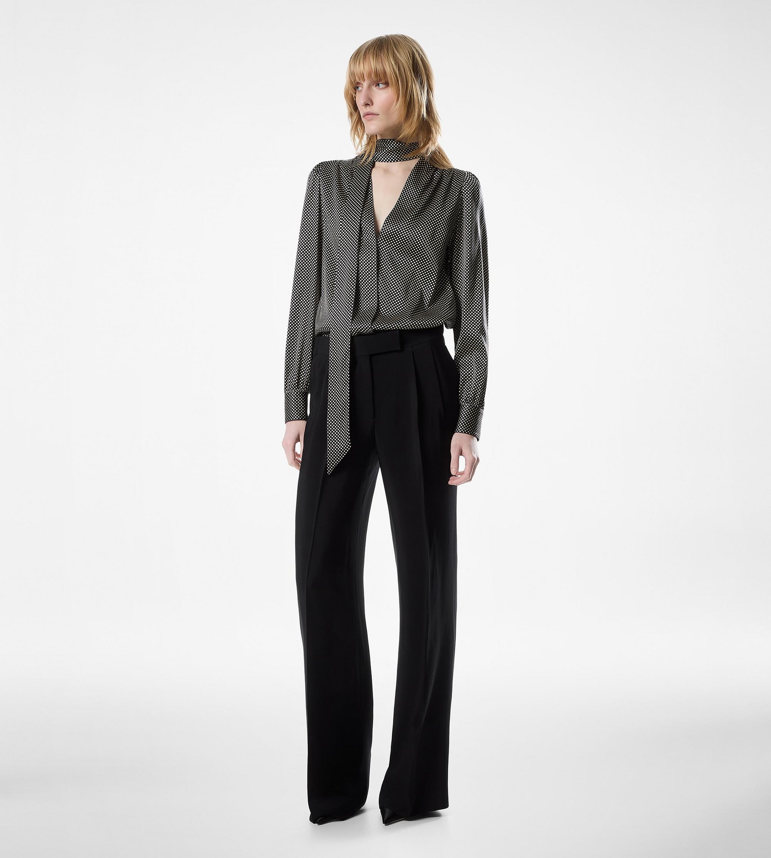 LONG SLEEVE V-NECK LAVALLIERE SILK BLOUSE - 3