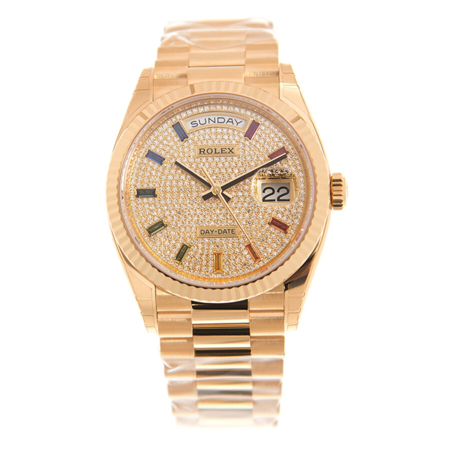 Rolex Day-Date President Yellow Gold Paved-Rainbow Automatic Chronometer Diamond Ladies Watch 128238 - 3