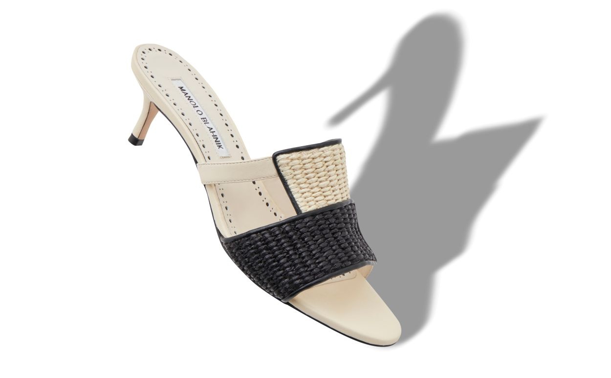 Cream and Black Raffia Open Toe Mules - 2