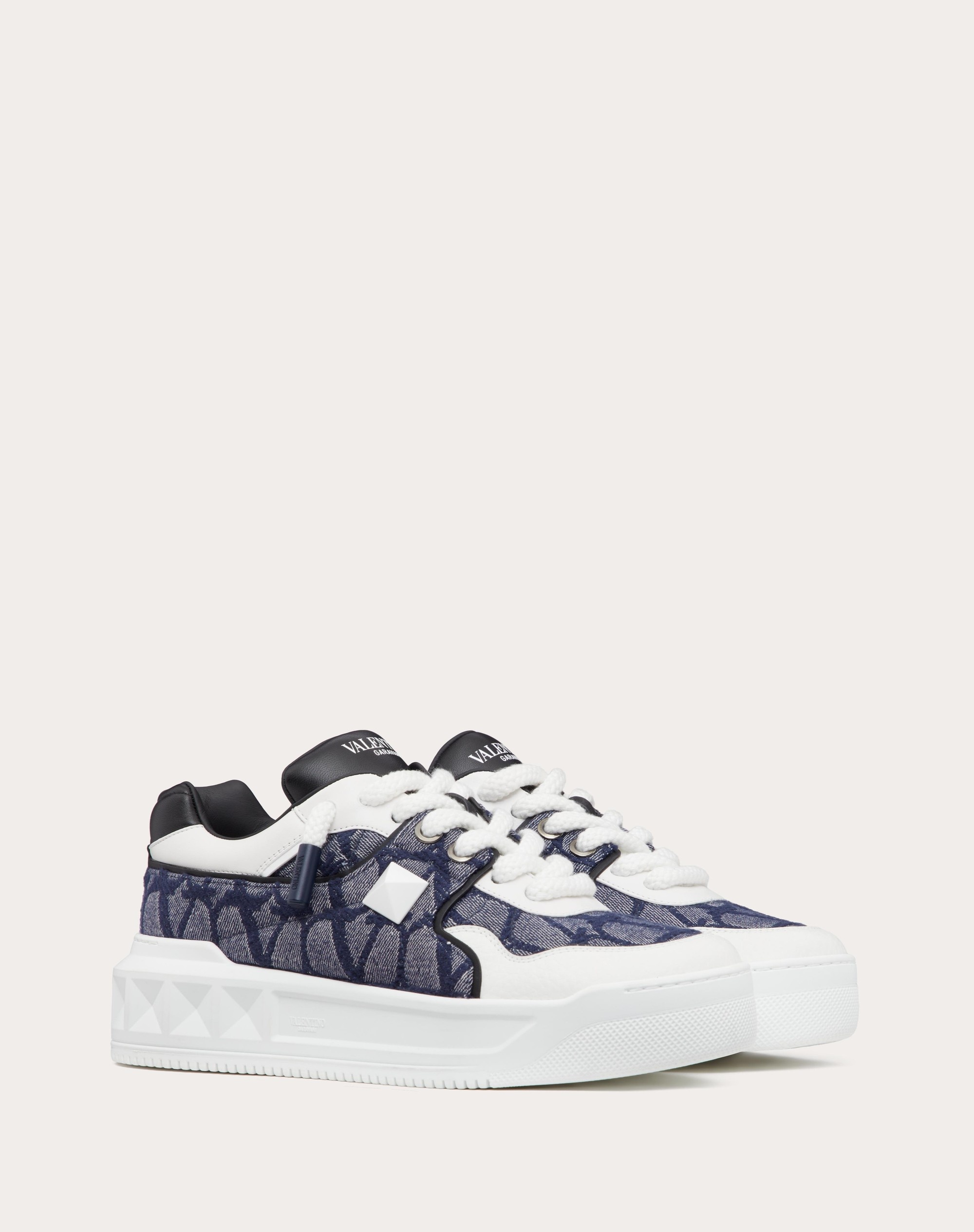 Valentino ONE STUD XL LOW TOP SNEAKER IN DENIM EFFECT TOILE ICONOGRAPHE JACQUARD FABRIC REVERSIBLE