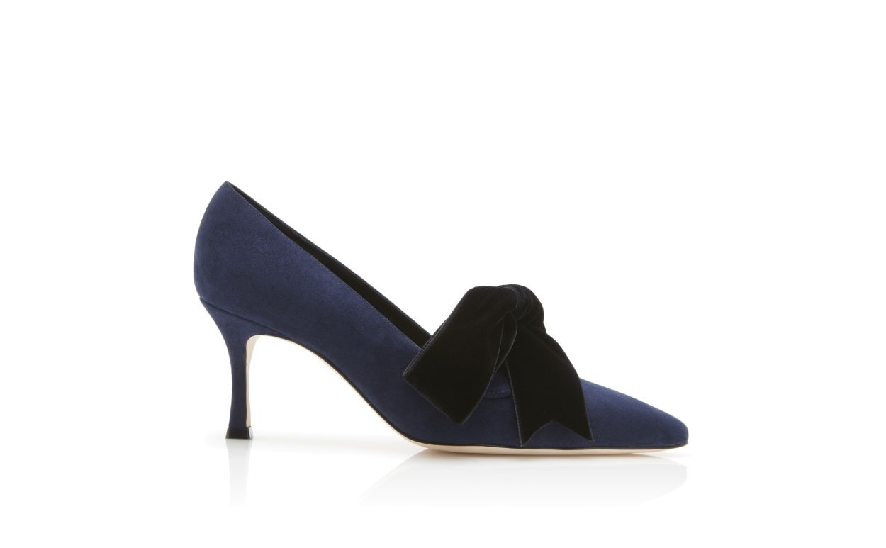 Navy Blue Suede and Velvet Bow Detail Pumps - 1