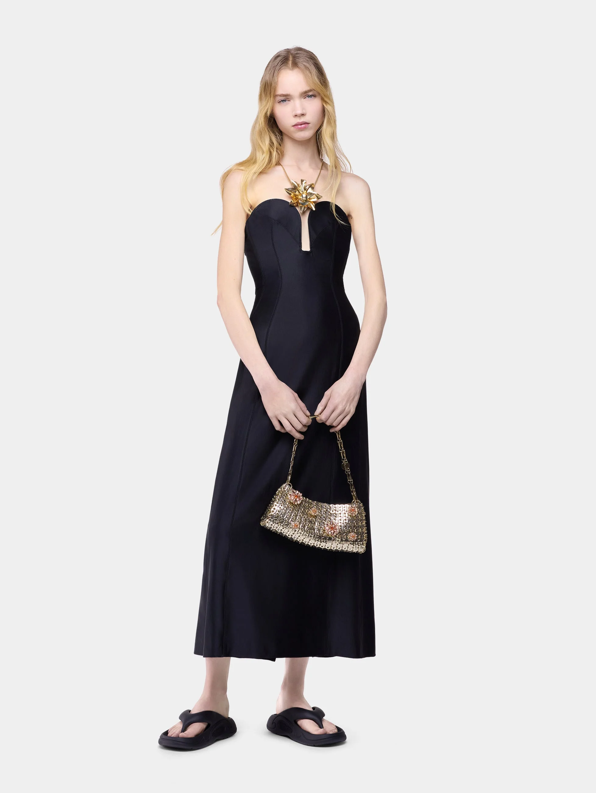 MIDI DRESS IN BLACK VISCOSE JERSEY WITH STRUCTURED HEART-SHAPPED BUSTIER - 1