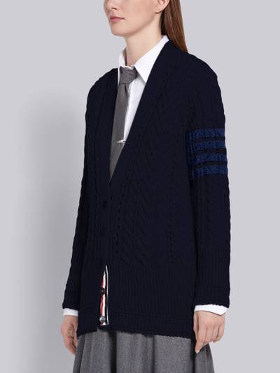 Thom Browne Navy Fine Merino Wool Aran Cable Relaxed V-Neck 4-Bar Cardigan outlook