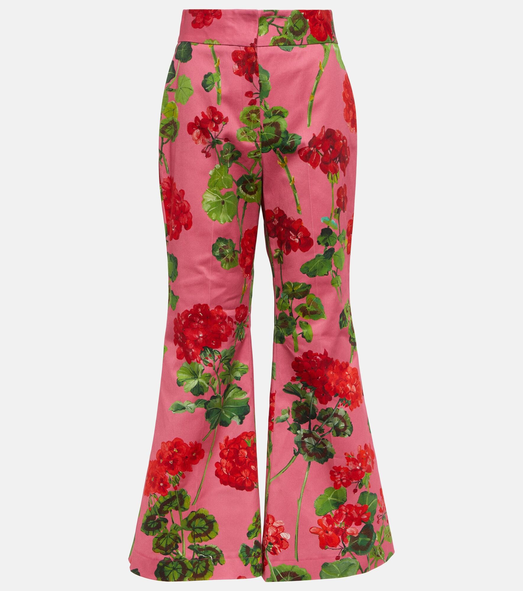 Floral high-rise cotton-blend flared pants - 1