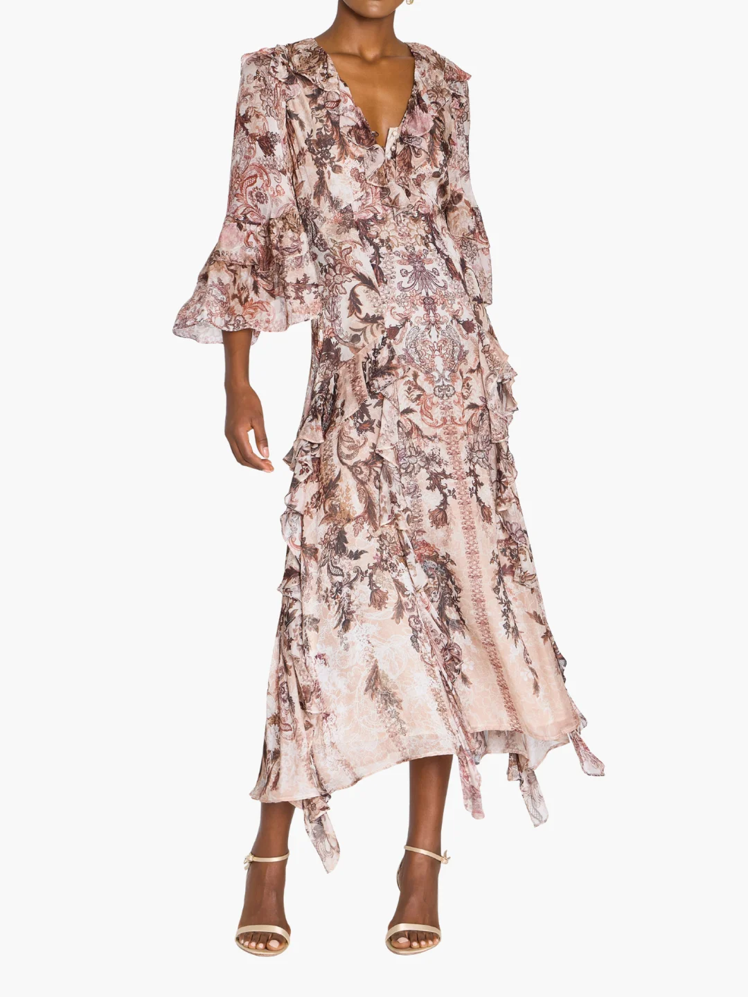 REVERIE CASCADING RUFFLE CHIFFON MIDI DRESS - 1