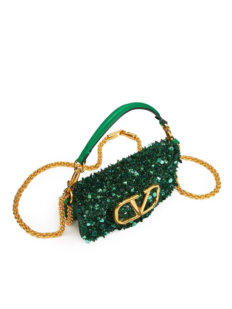 Small Loco Shoulder Bag with 3D Embroidery in Antique Green - 3