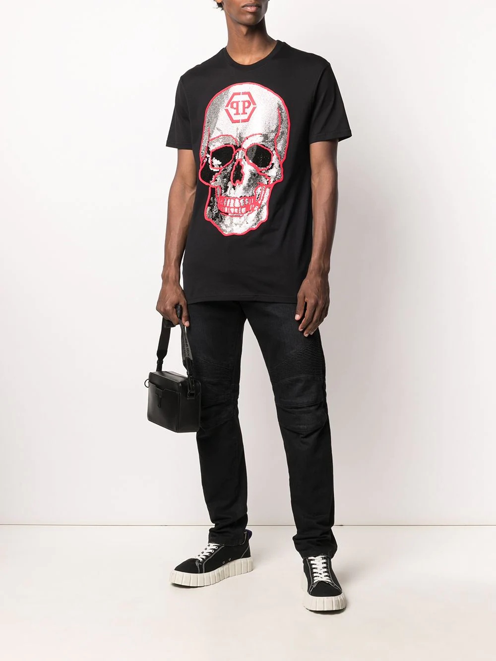 rhinestone skull crew neck T-Shirt - 2