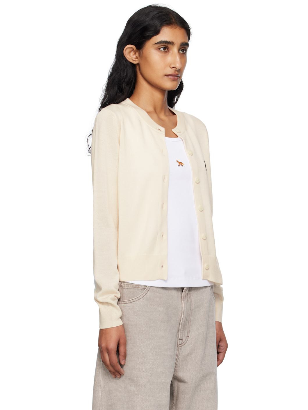 Beige Double Bold Fox Head Patch Regular Cardigan - 2