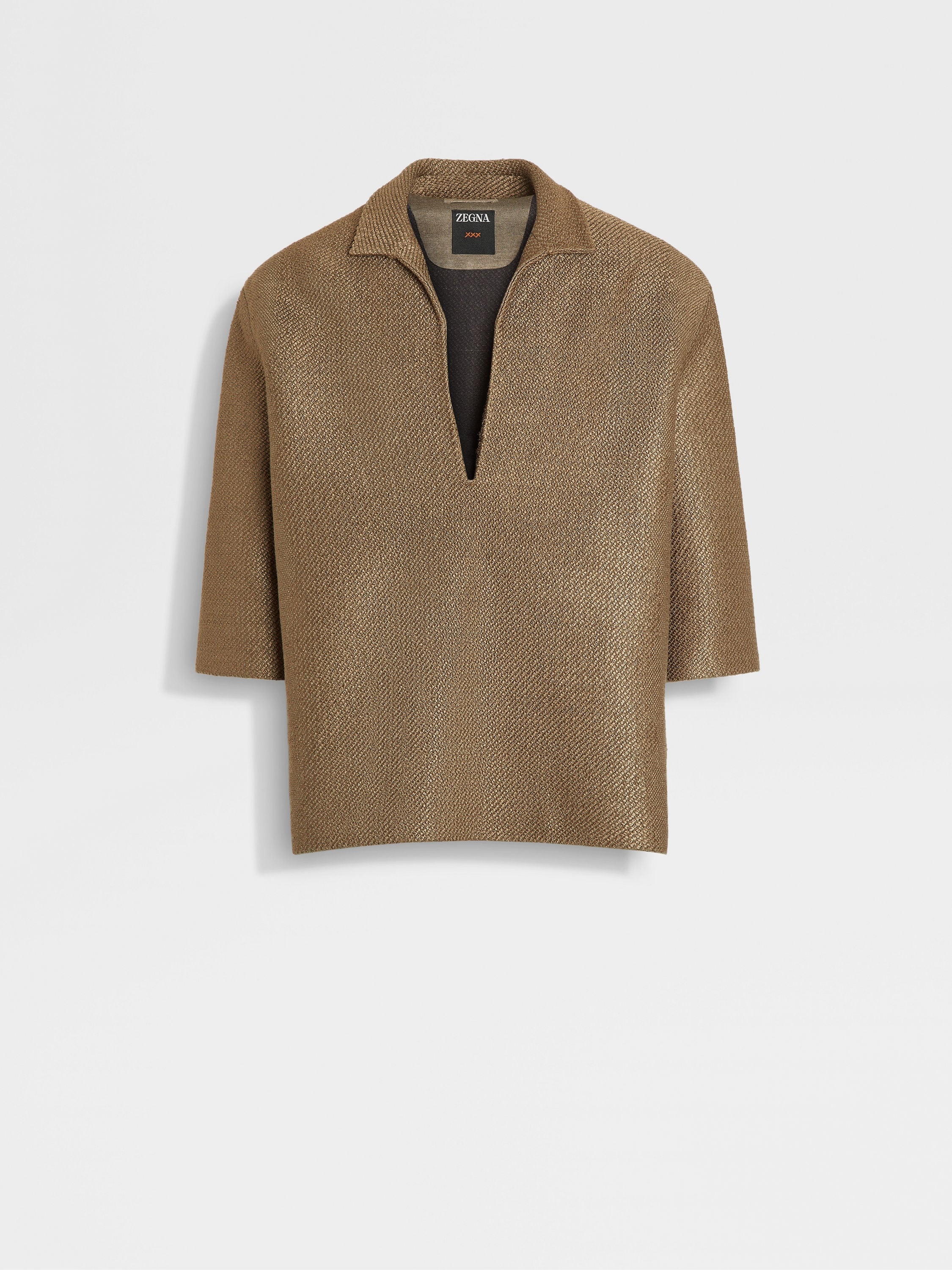 ZEGNA DARK TAUPE SILK AND LINEN POLO SHIRT | REVERSIBLE