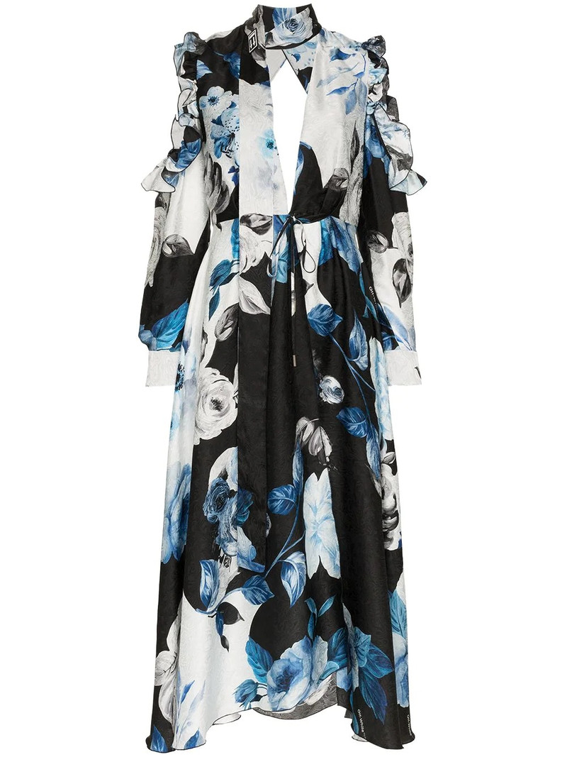 floral flared silk midi dress 1