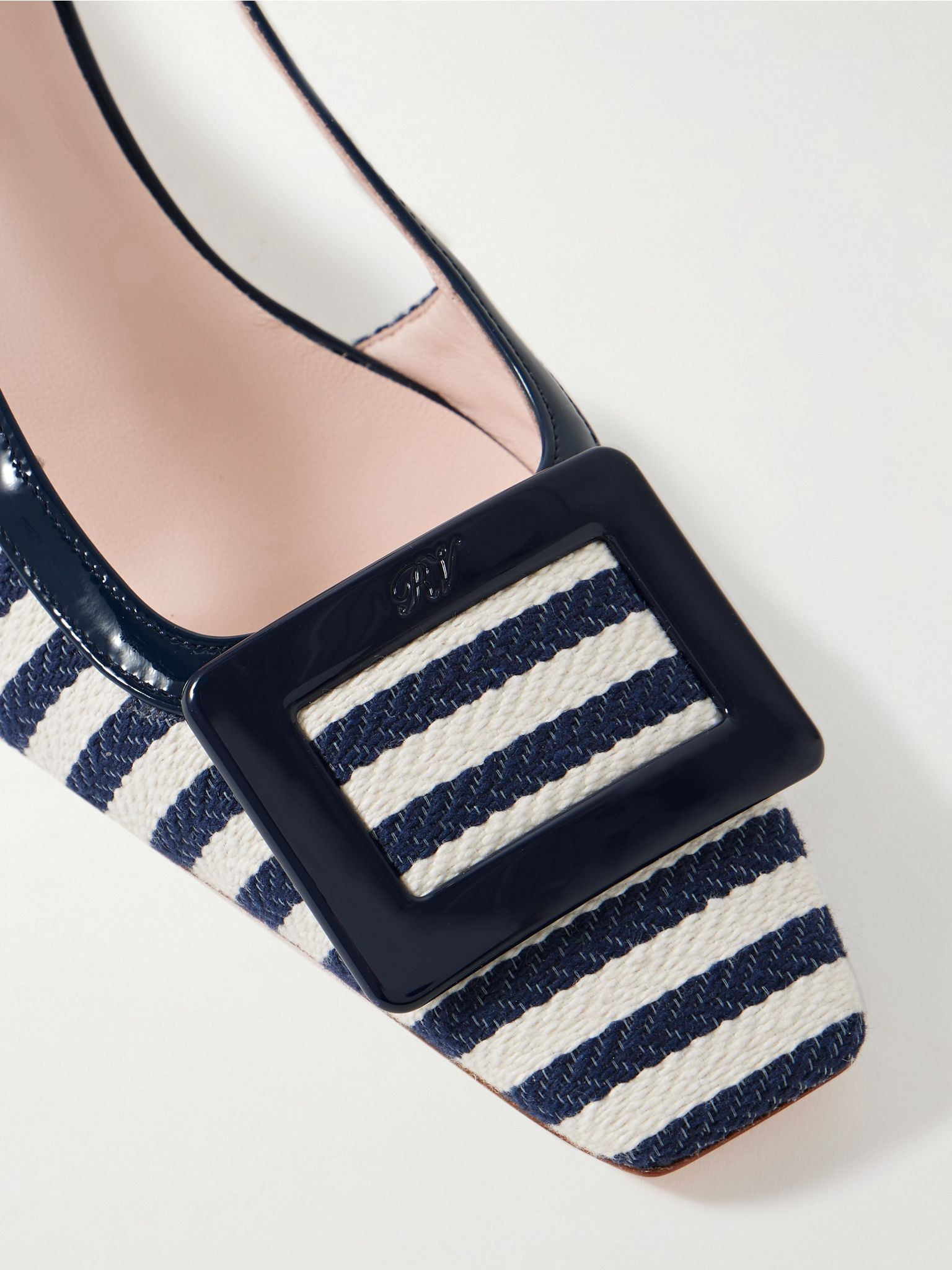 Belle Vivier 45 patent leather-trimmed striped woven slingback pumps Navy - 4